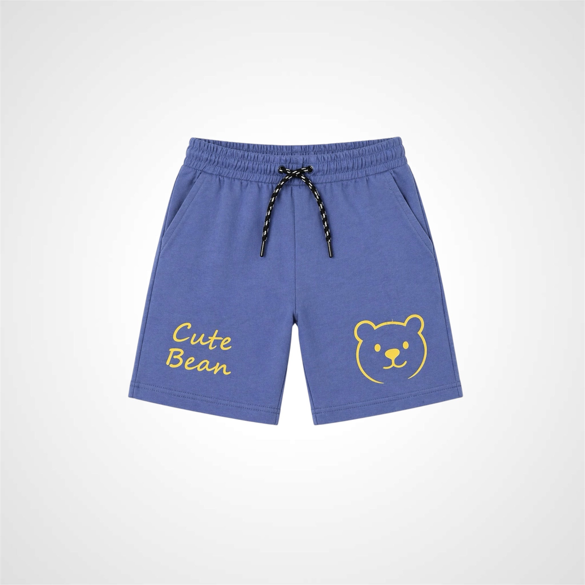 Blue shorts with 'Cute Bean' text and bear logo on a white background