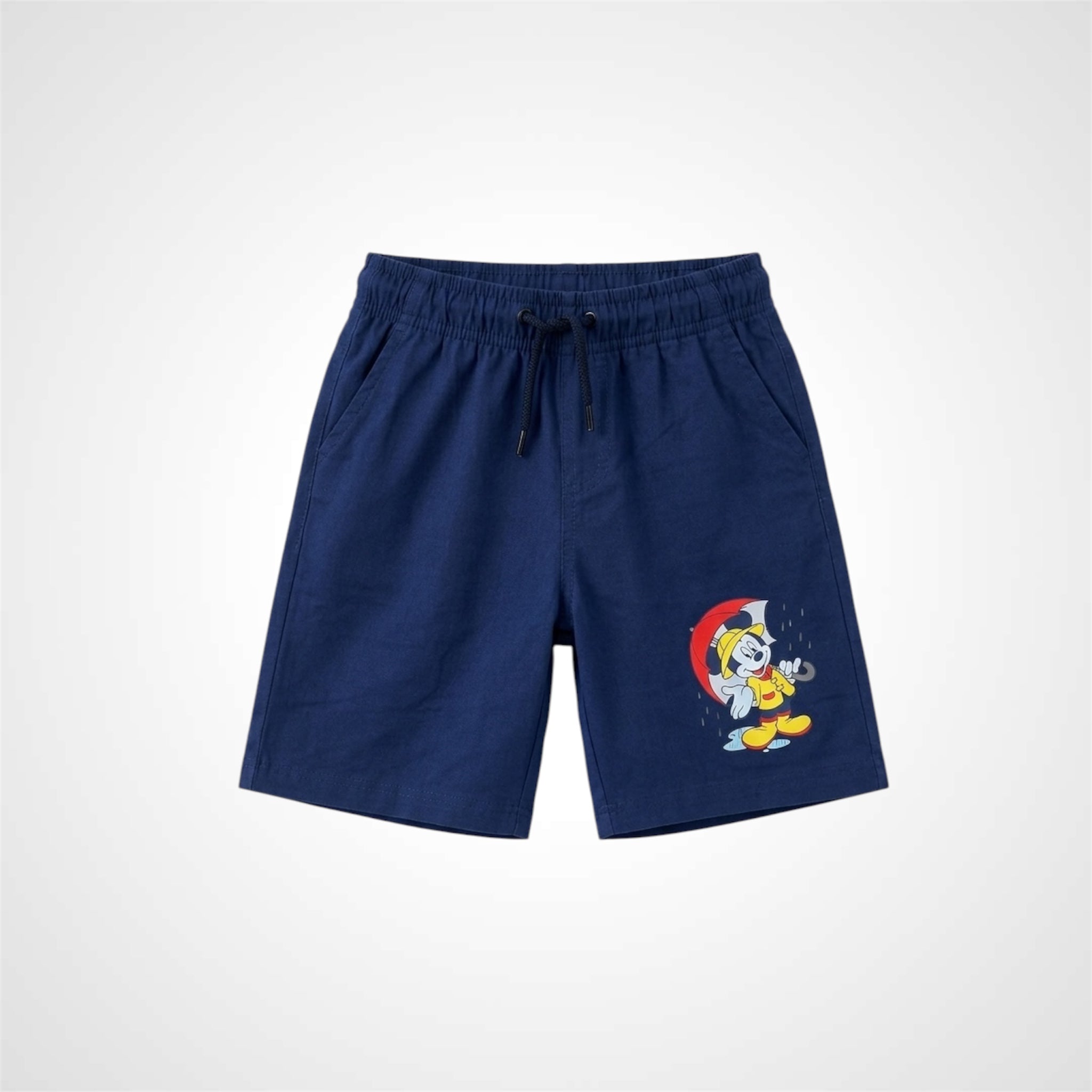 Navy blue shorts with a cartoon character on a white background
