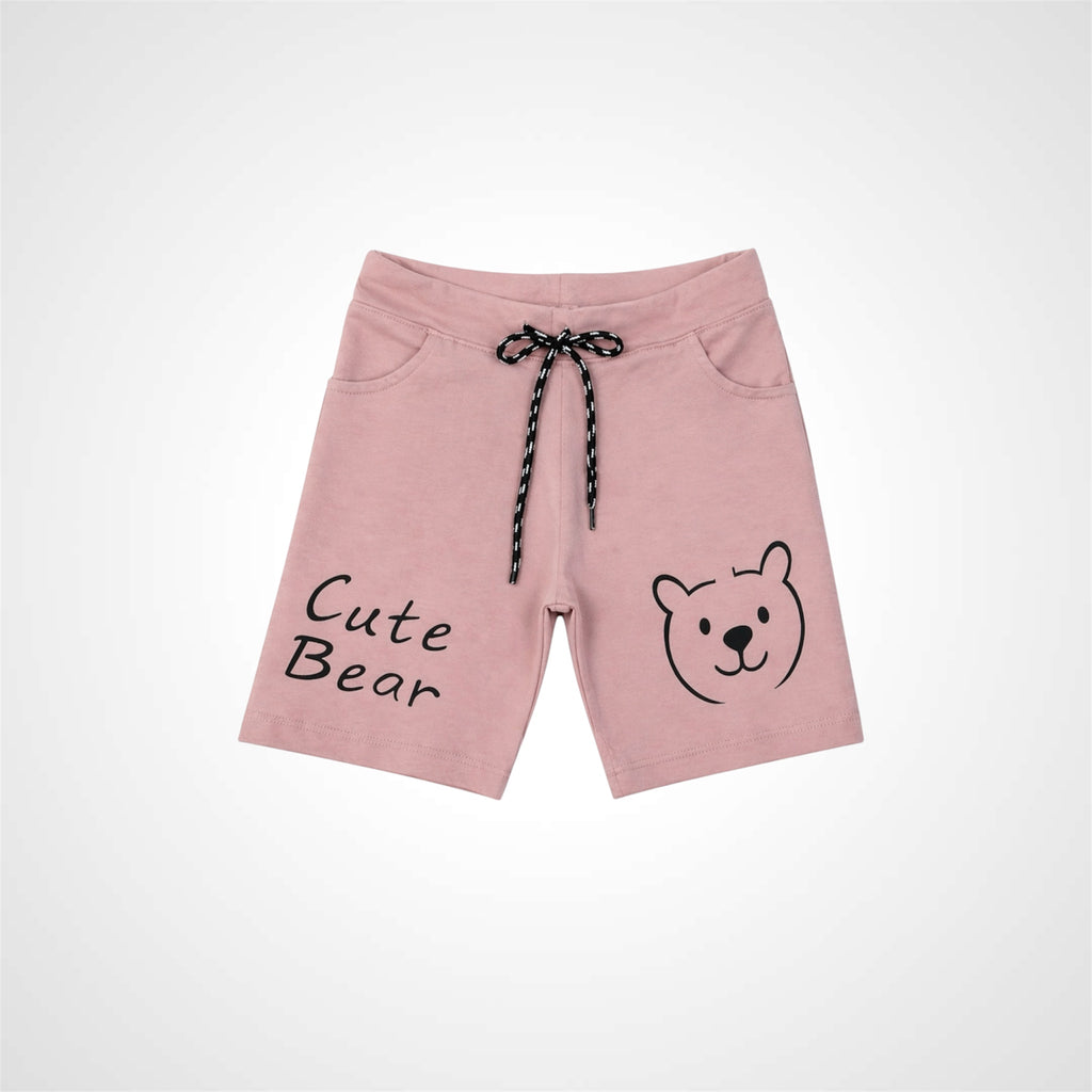 Pink shorts with 'Cute Bear' text and bear illustration on a white background