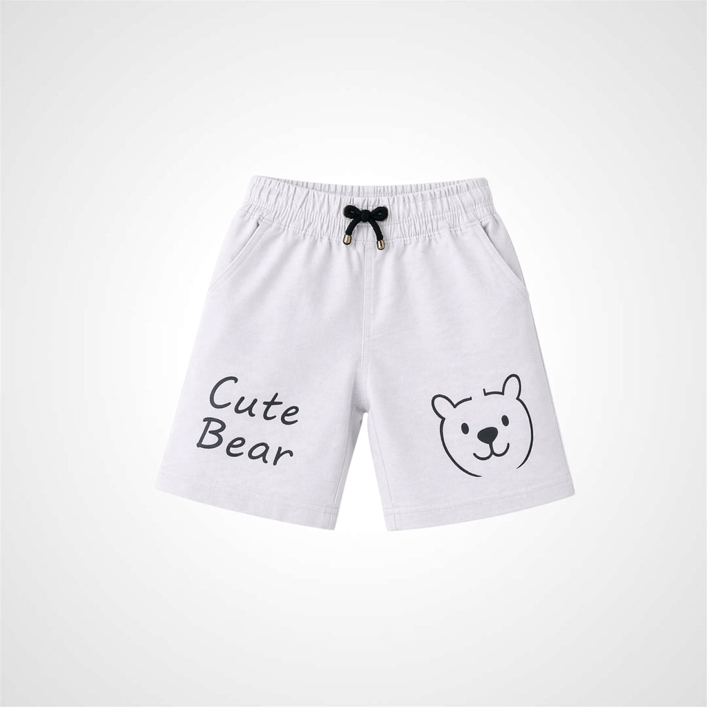 White shorts with 'Cute Bear' text and bear illustration on a white background