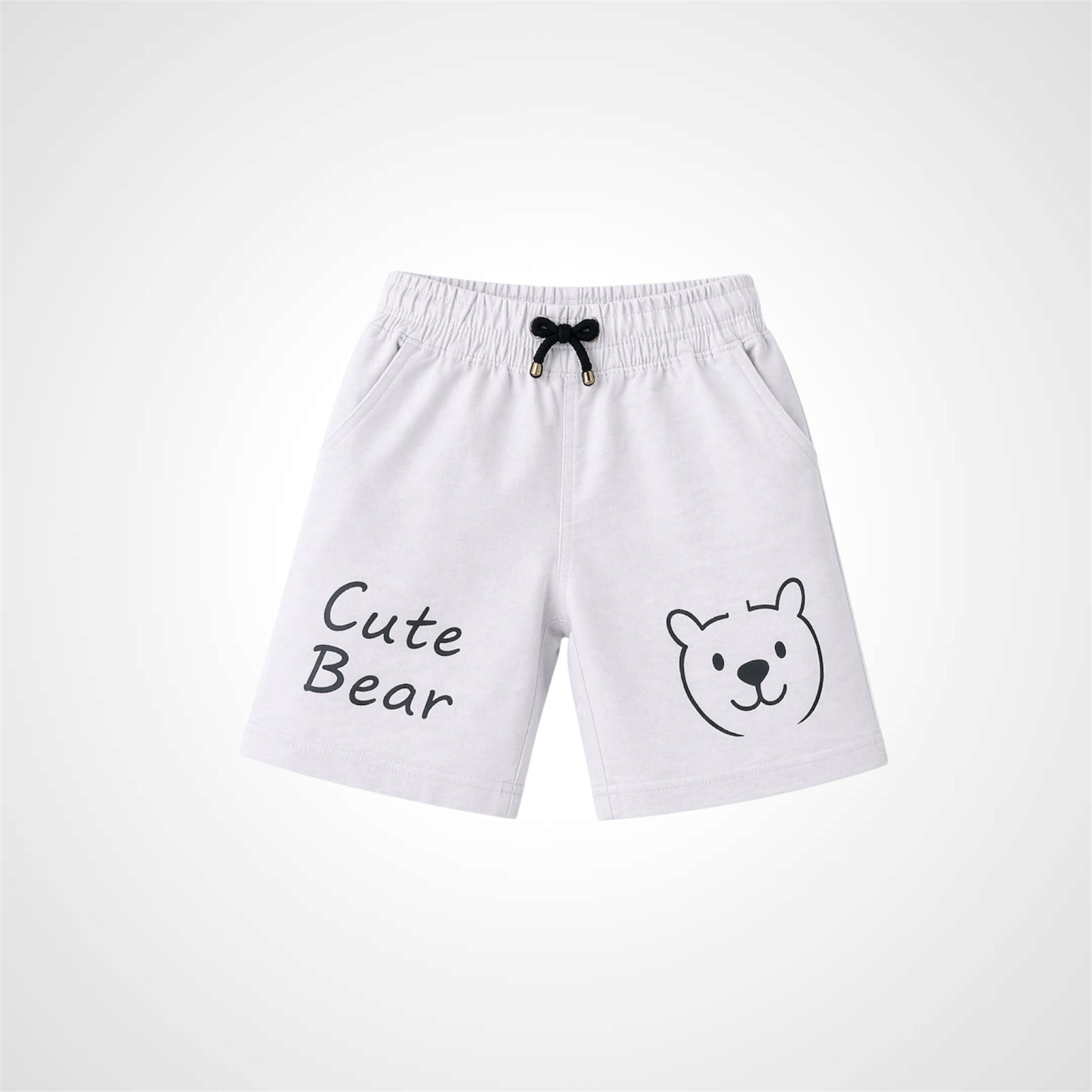 White shorts with 'Cute Bear' text and bear illustration on a white background
