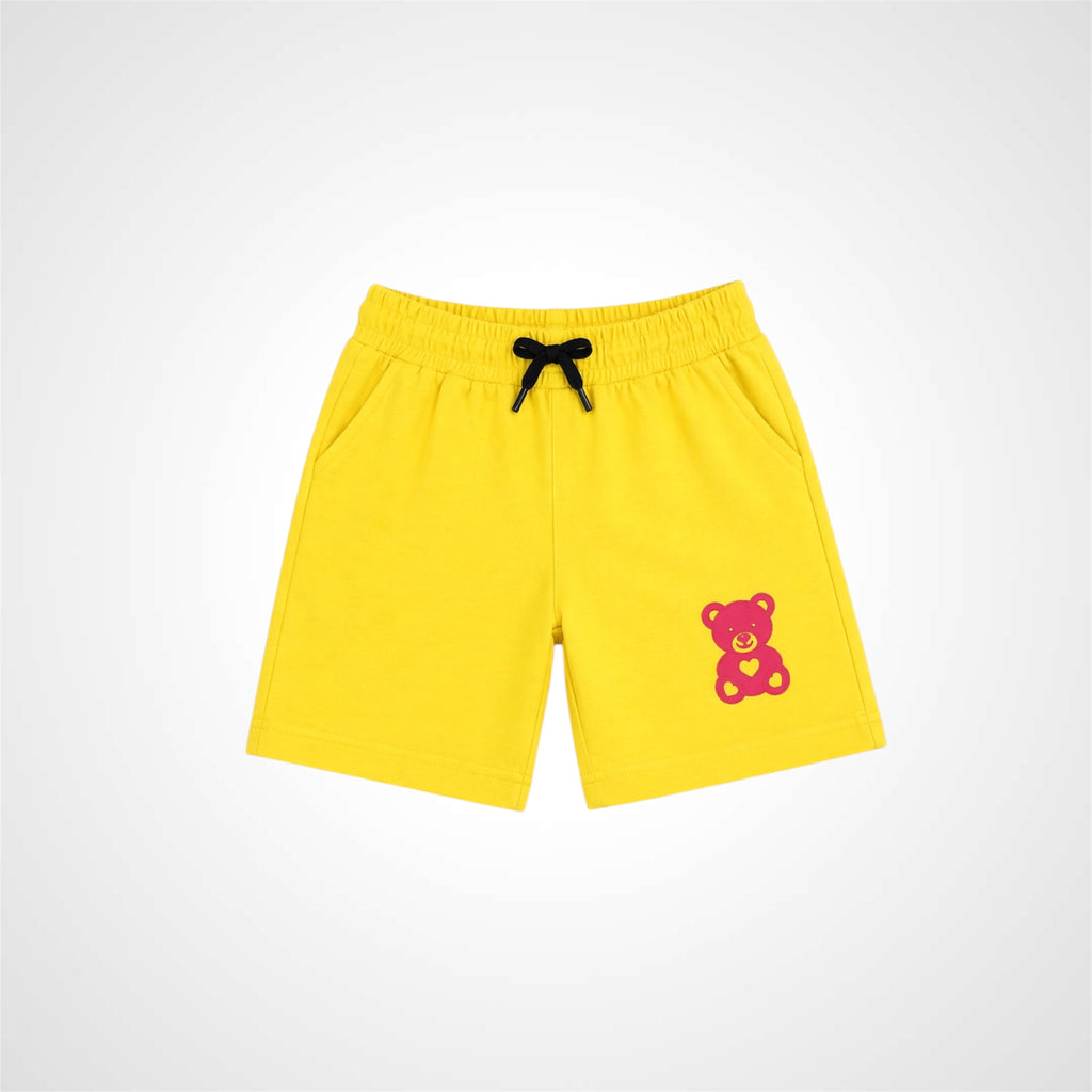 Yellow shorts with a teddy bear design on a white background
