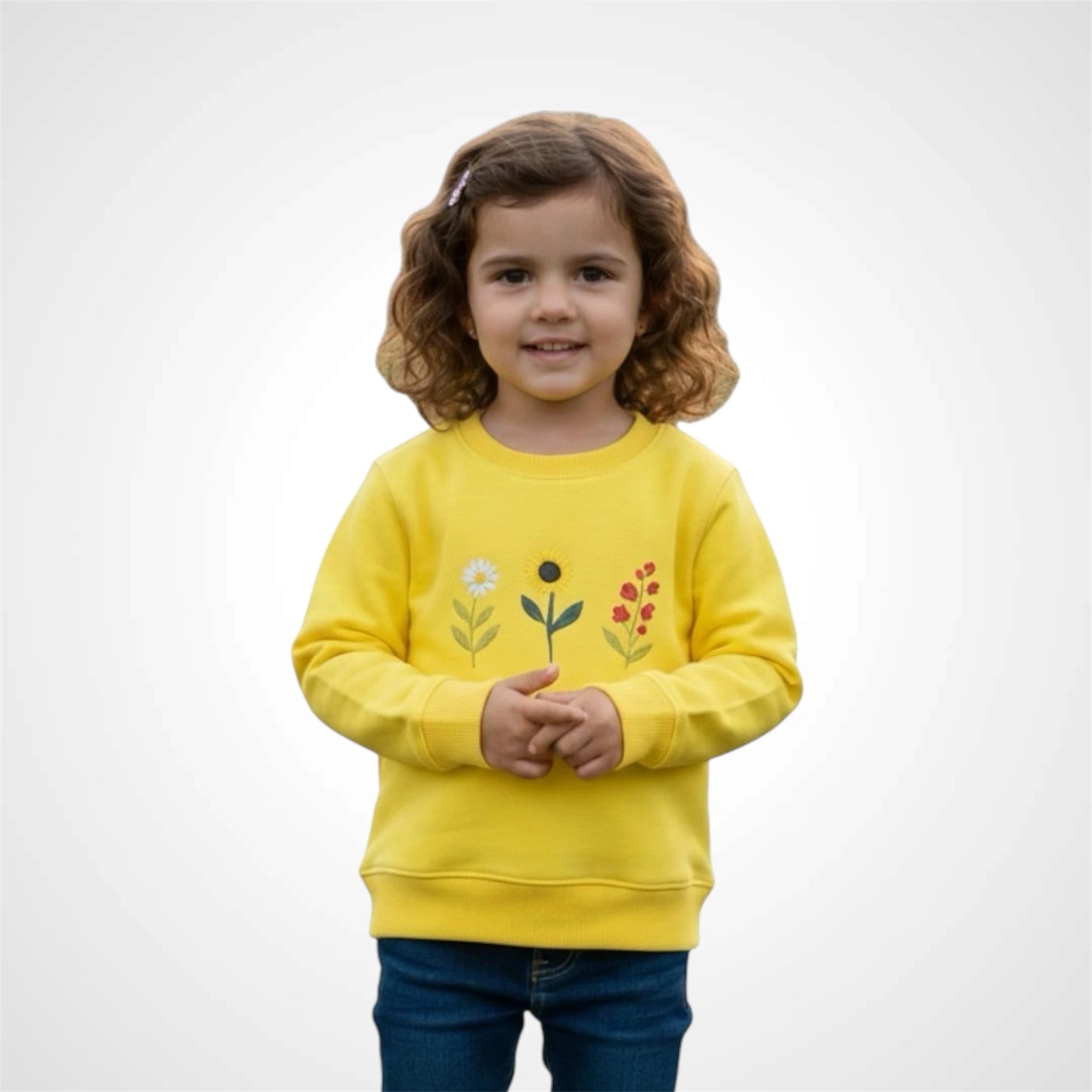 Smiling little girl wearing a kids floral print sweatshirt featuring sunflower, daisy, and berry graphics yellow 