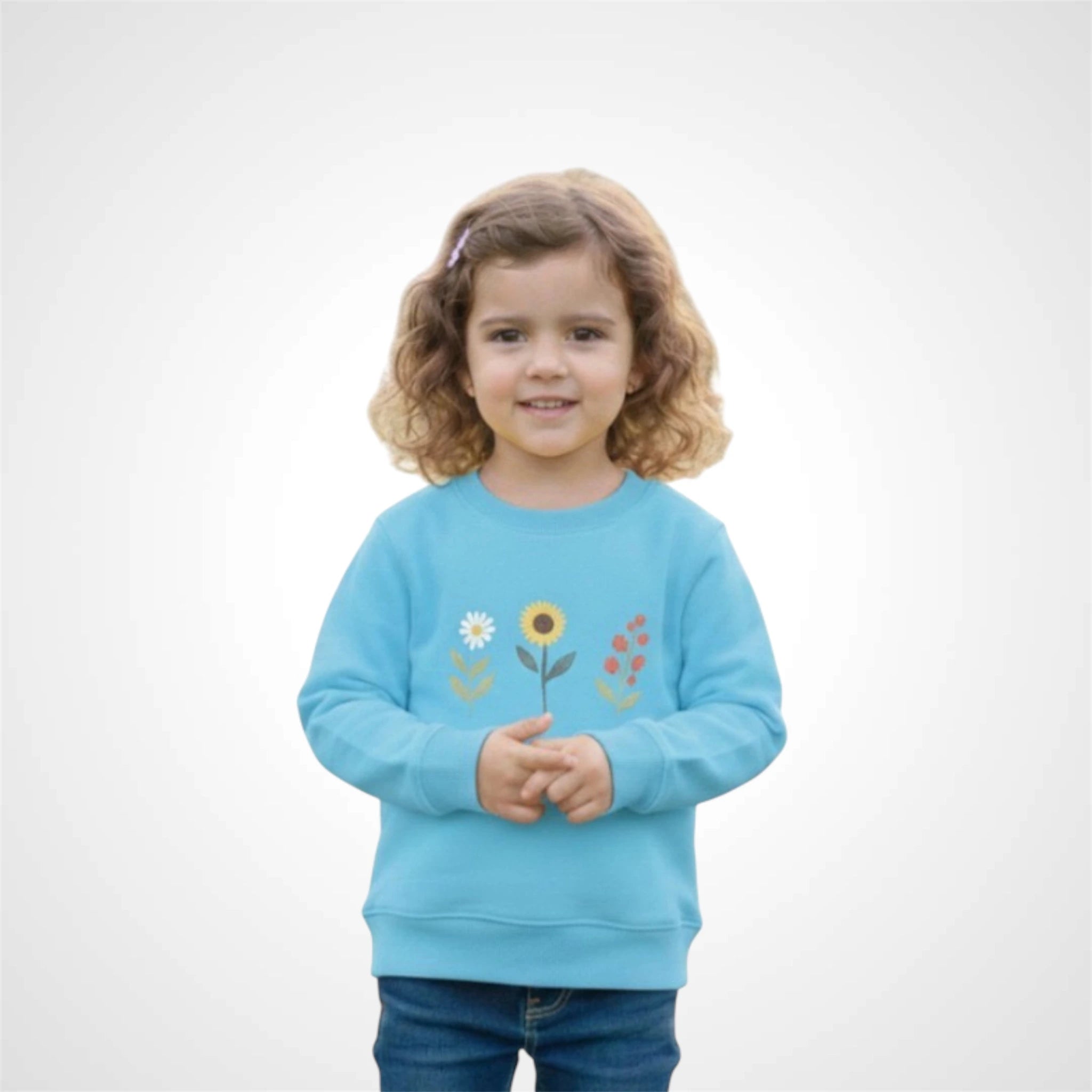Smiling little girl wearing a kids floral print sweatshirt featuring sunflower, daisy, and berry graphics blue