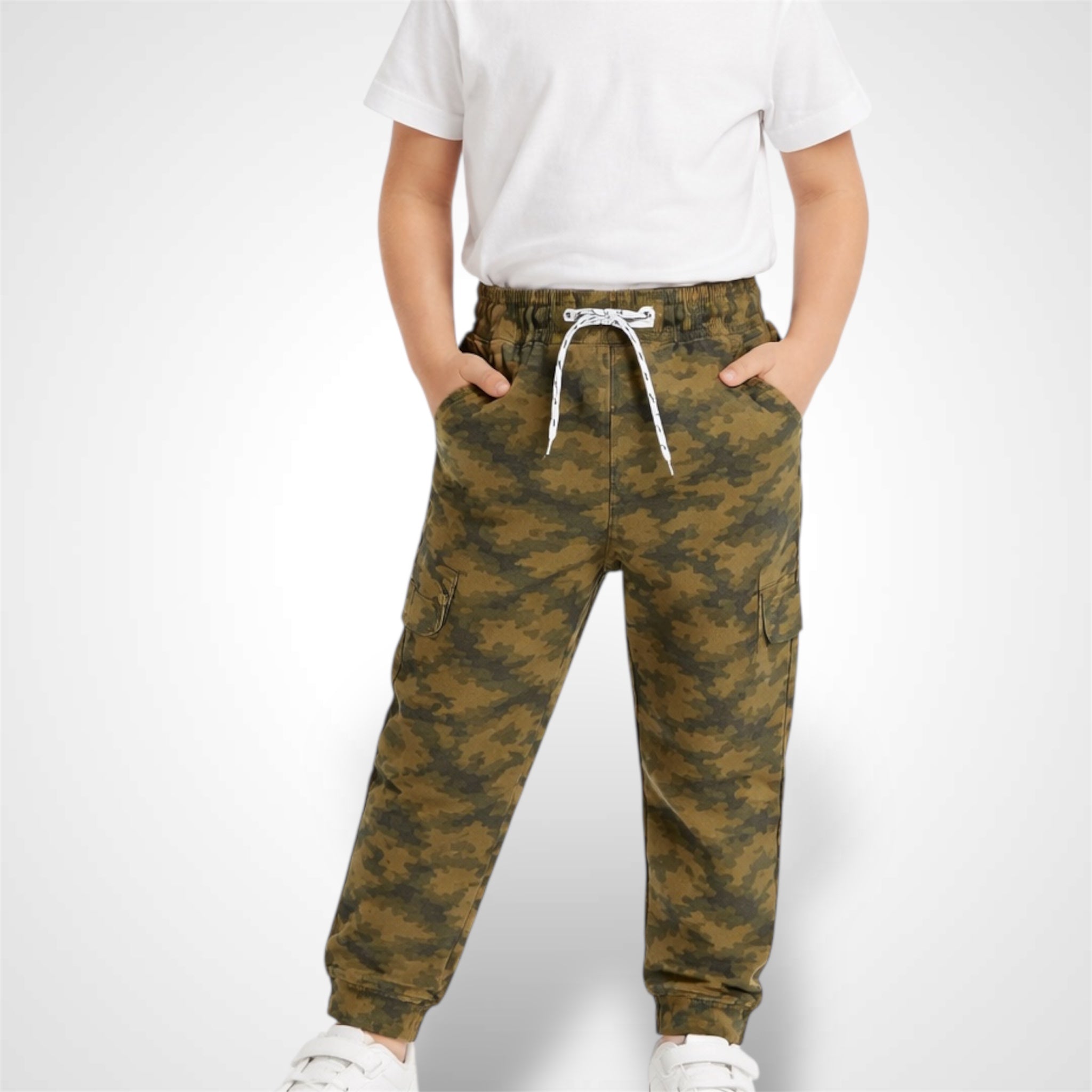 Kids military style camouflage cargo joggers with adjustable drawstring waist and side pockets brown.