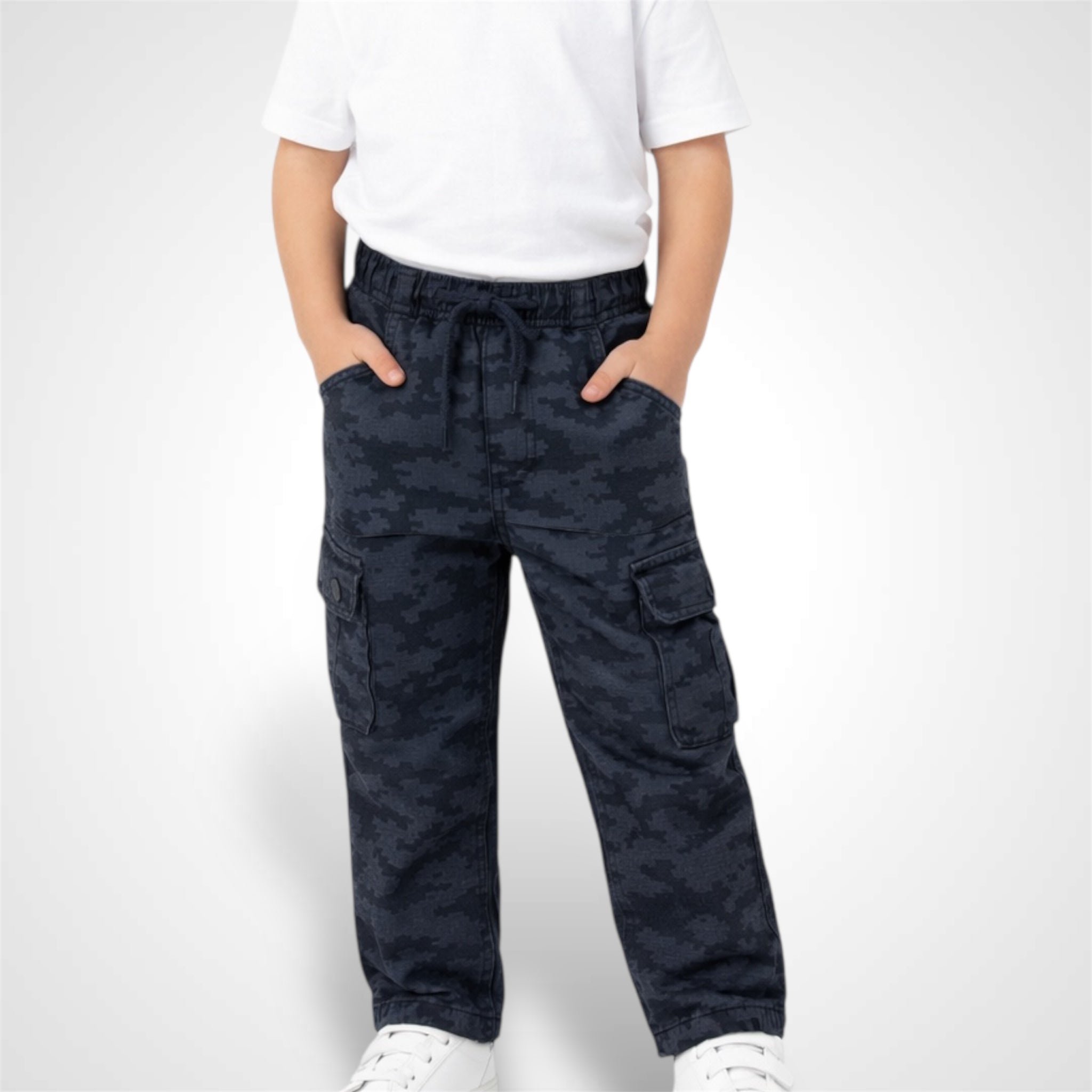 Kids military style camouflage cargo joggers with adjustable drawstring waist and side pockets.