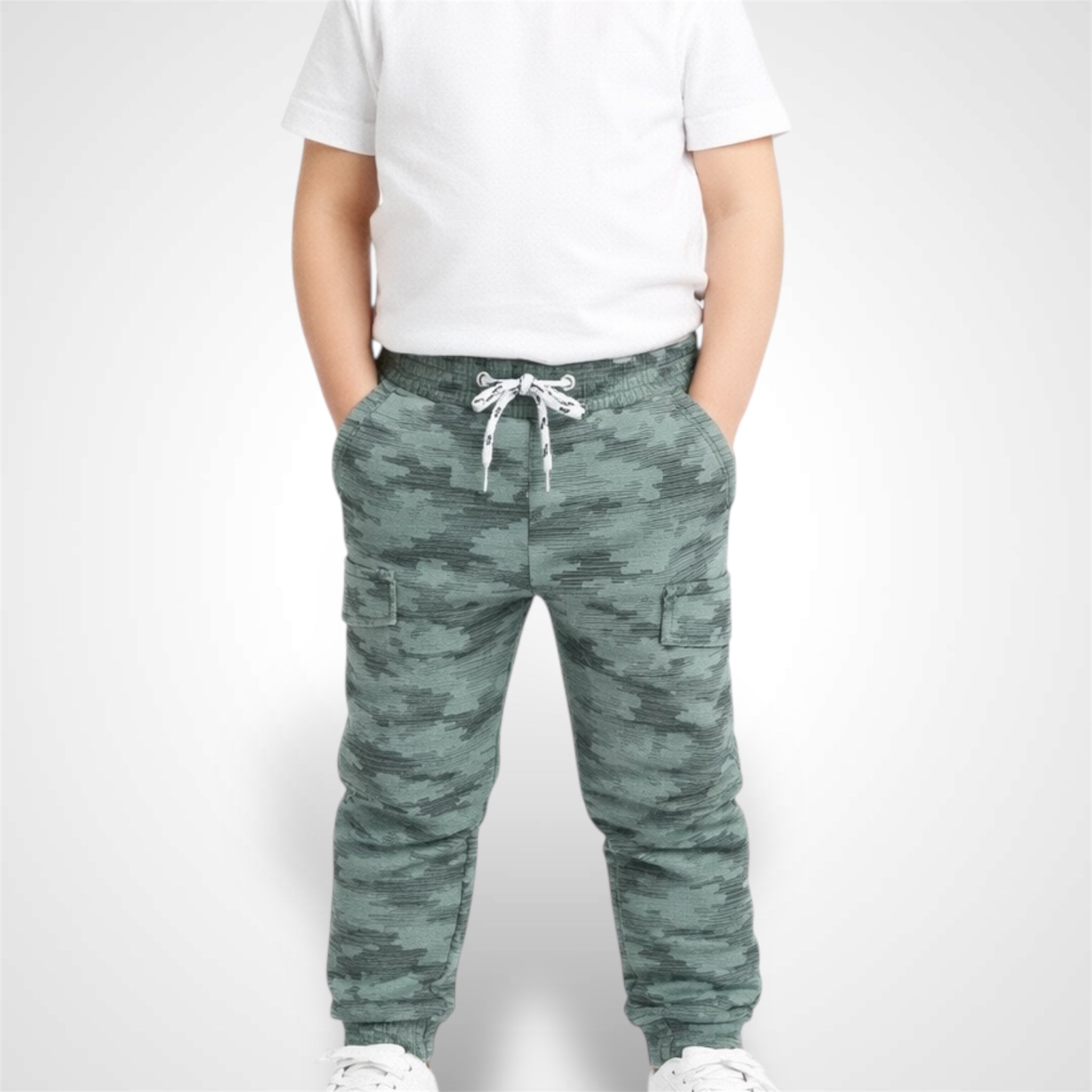 Kids military style camouflage cargo joggers with adjustable drawstring waist and side pockets lime.