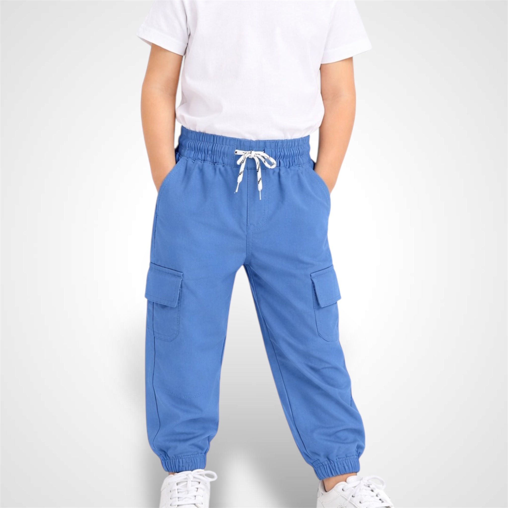 High-quality cotton kids cargo pants with elastic drawstring waist and side utility pockets aqua.