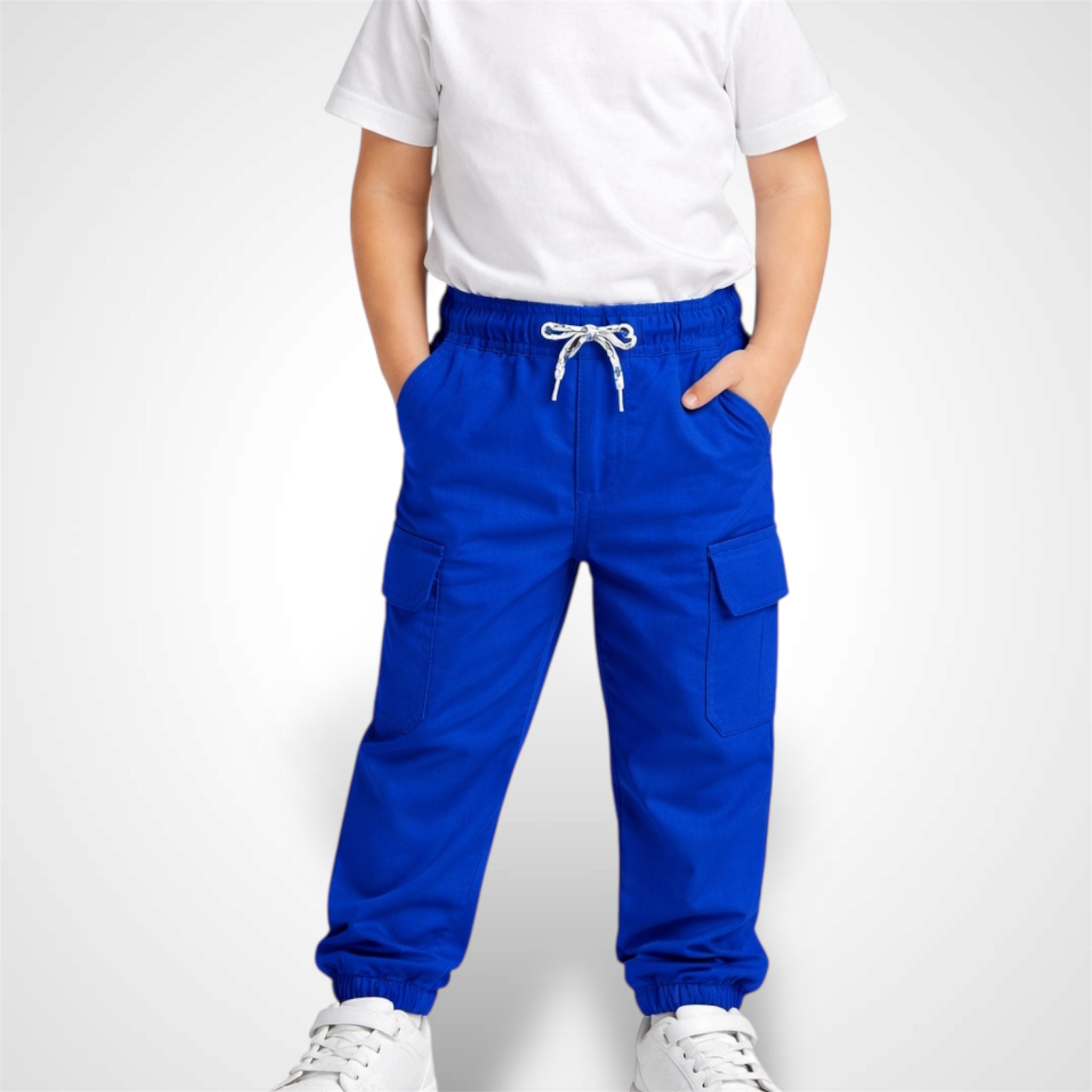 High-quality cotton kids cargo pants with elastic drawstring waist and side utility pockets blue