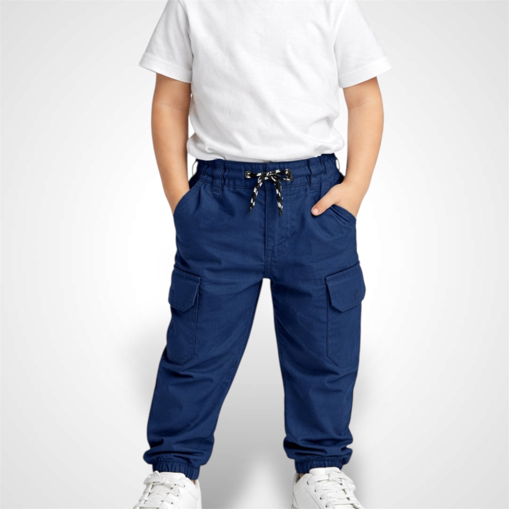 High-quality cotton kids cargo pants with elastic drawstring waist and side utility pockets navyblue.