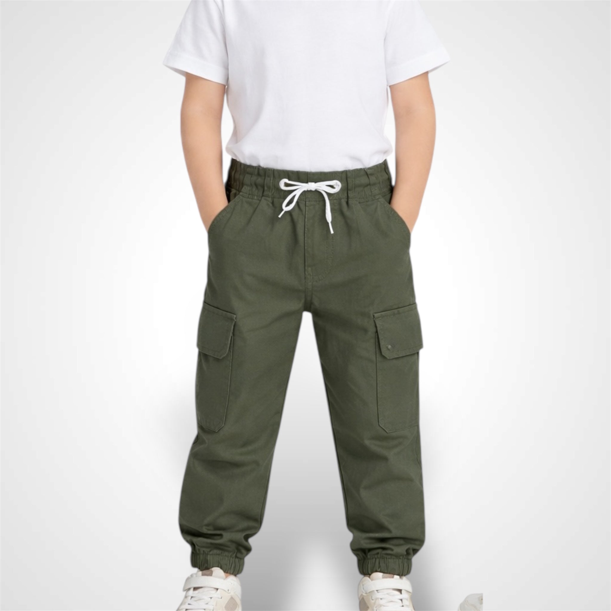 High-quality cotton kids cargo pants with elastic drawstring waist and side utility pockets olive green.