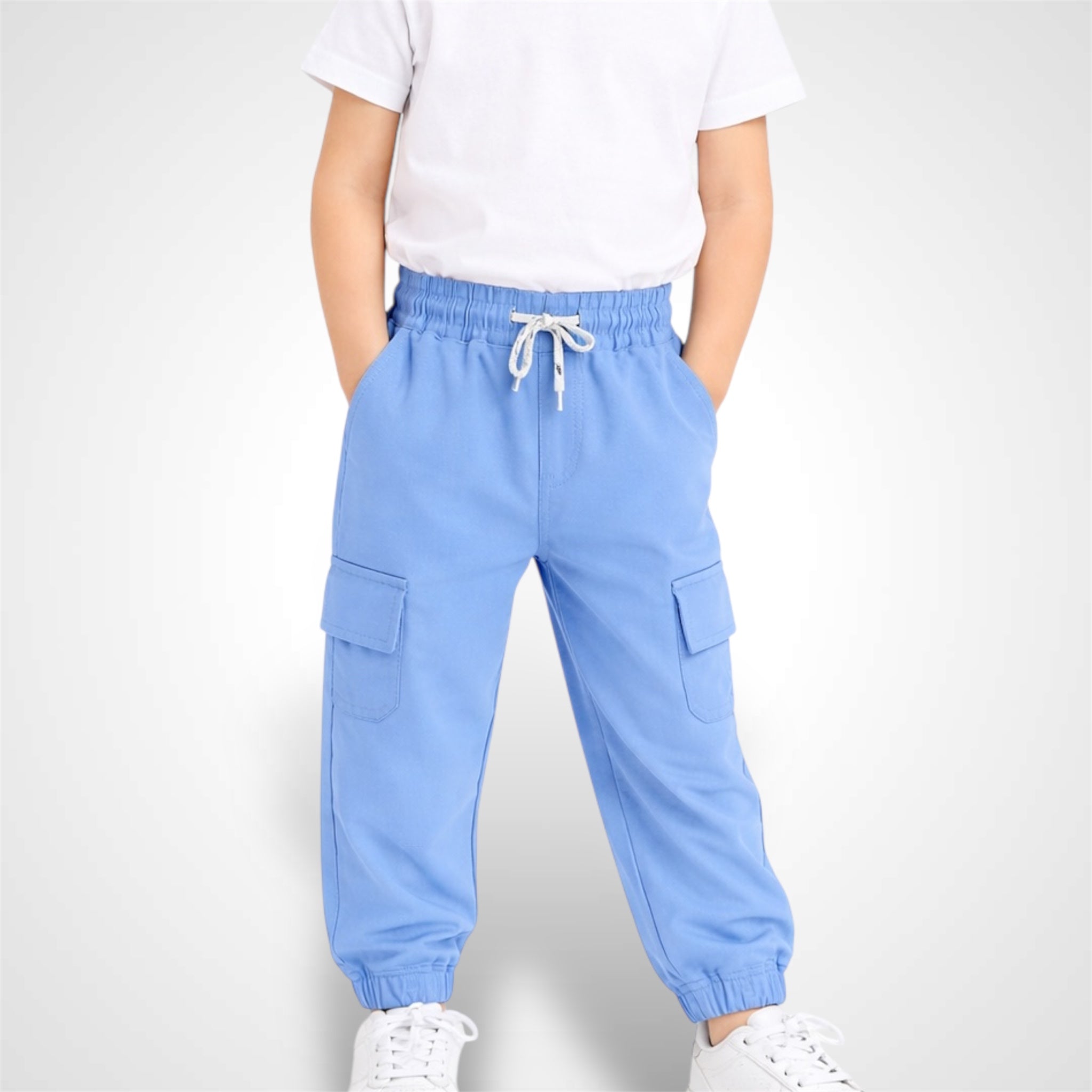 High-quality cotton kids cargo pants with elastic drawstring waist and side utility pockets skyblue.