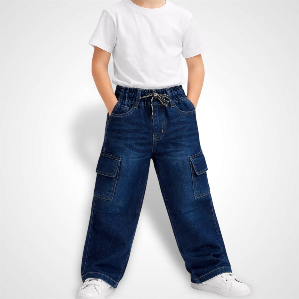 Kids Premium Denim Baggy Jeans with Elasticated Waist and Cargo Pockets Dark Blue 