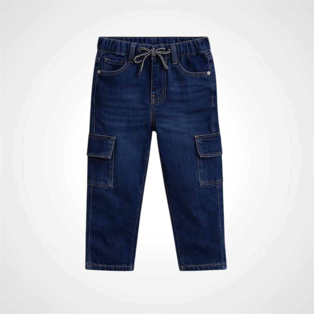 Kids Premium Denim Baggy Jeans with Elasticated Waist and Cargo Pockets Dark Blue  1