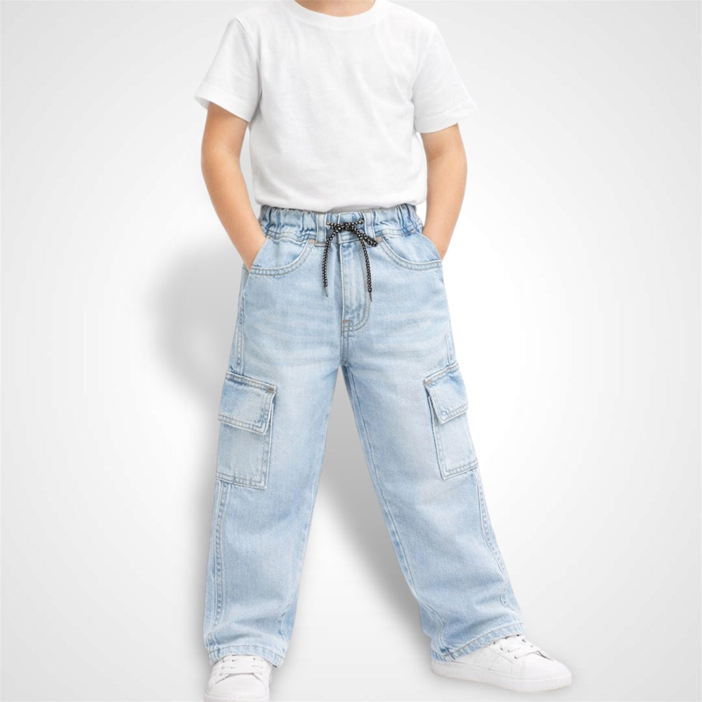Kids Premium Denim Baggy Jeans with Elasticated Waist and Cargo Pockets 1