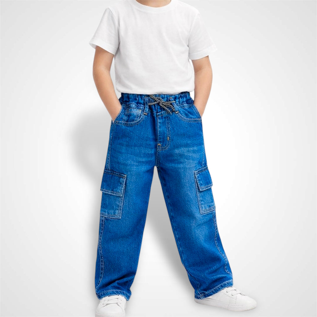 Kids Premium Denim Baggy Jeans with Elasticated Waist and Cargo Pockets Mid Blue 