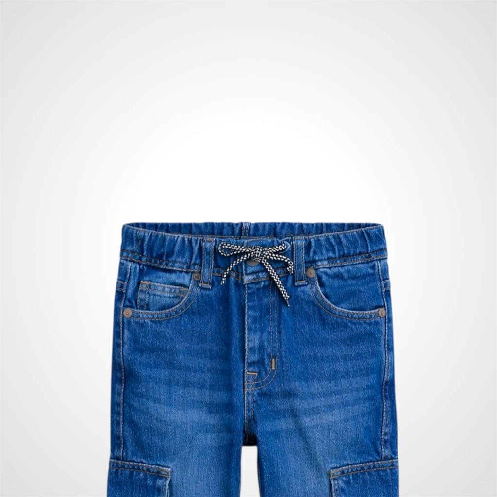 Kids Premium Denim Baggy Jeans with Elasticated Waist and Cargo Pockets Mid Blue 2