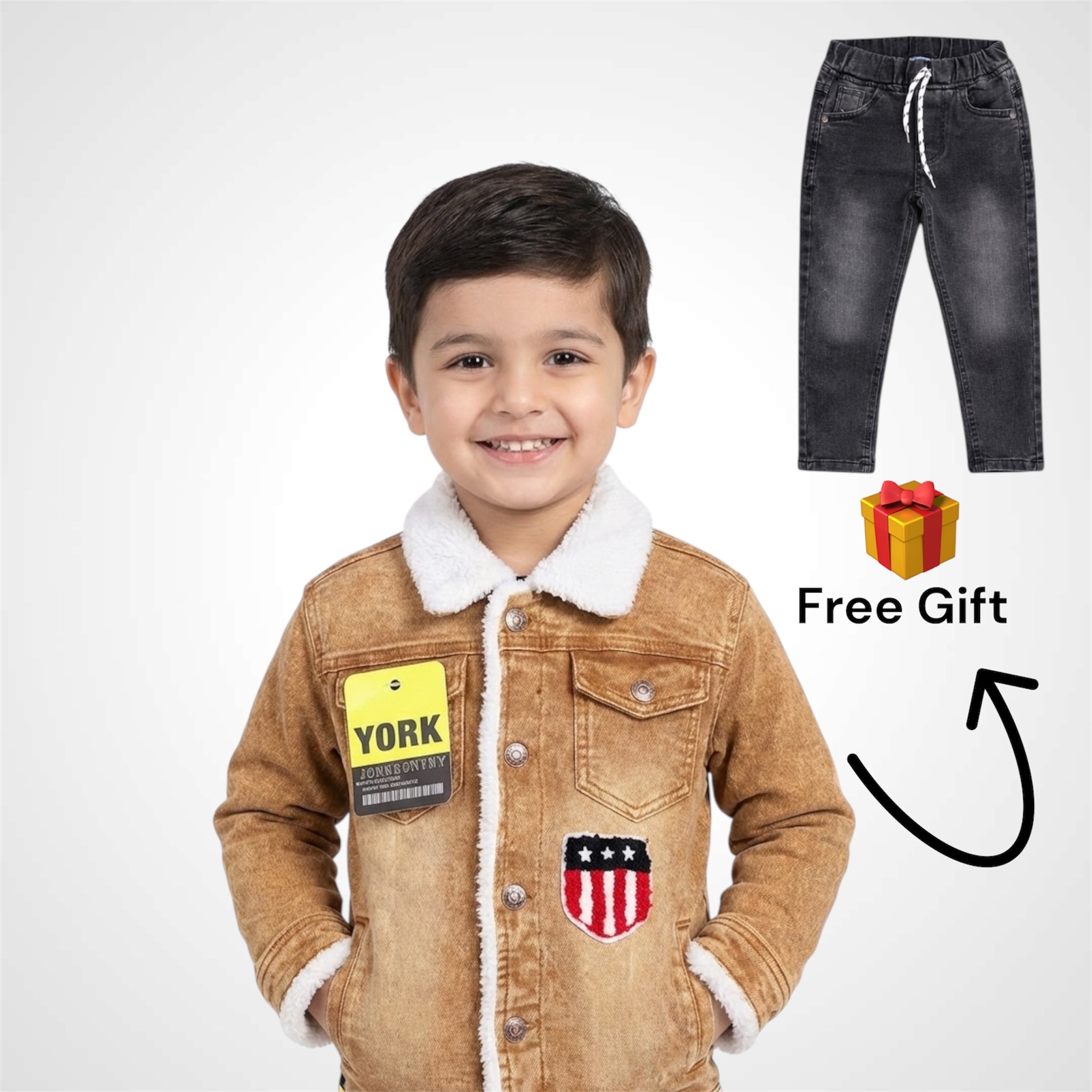 Premium kids winter denim jacket with white fur  with a free gift.