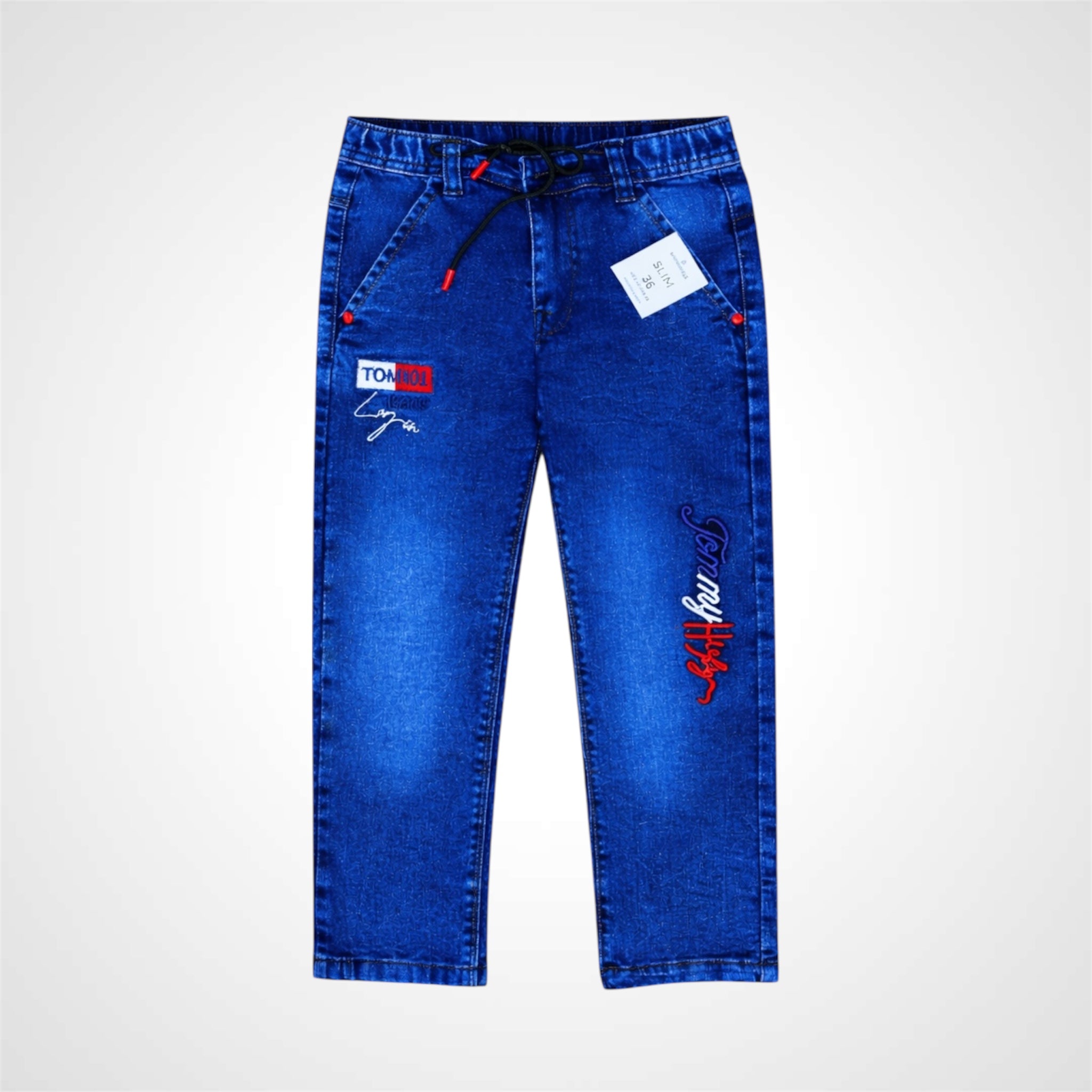 Blue jeans with branding and text on a white background