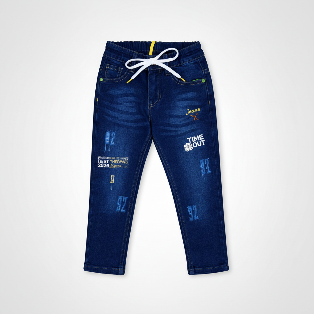 Boys stylish patched razing denim pants with elastic waistband and drawstring.