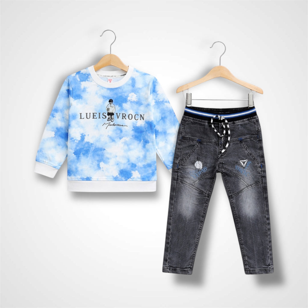 Close-up of a kids' trendy tie-dye sweatshirt and denim-style jogger set with high-quality stitching 1.