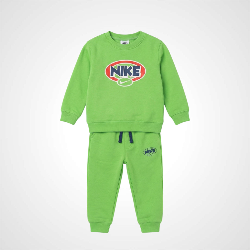 nike-kids-lime-green-tracksuit-set.jpg Alt Text: Nike kids lime green crewneck sweatshirt and jogger pants set with retro oval logo