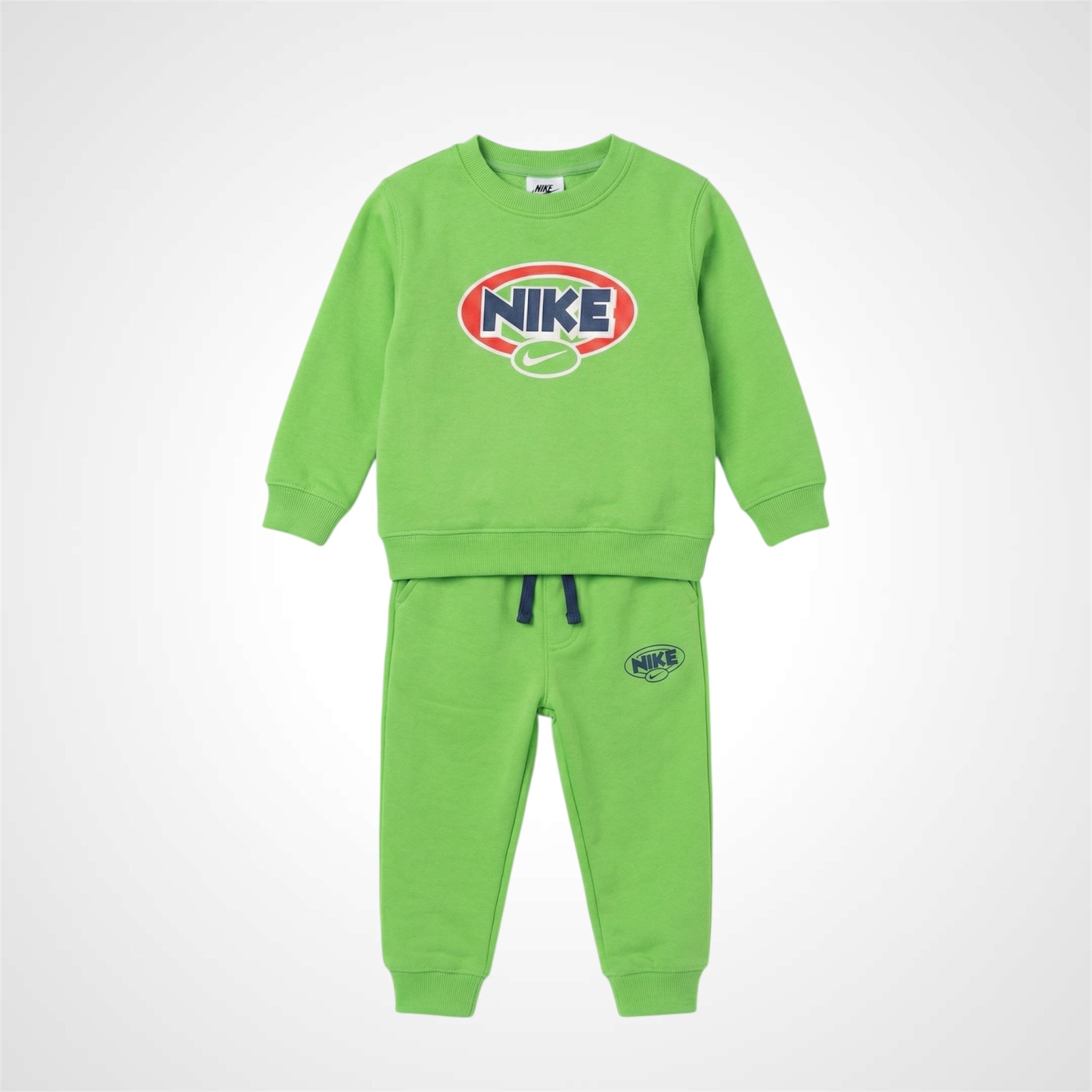nike-kids-lime-green-tracksuit-set.jpg Alt Text: Nike kids lime green crewneck sweatshirt and jogger pants set with retro oval logo