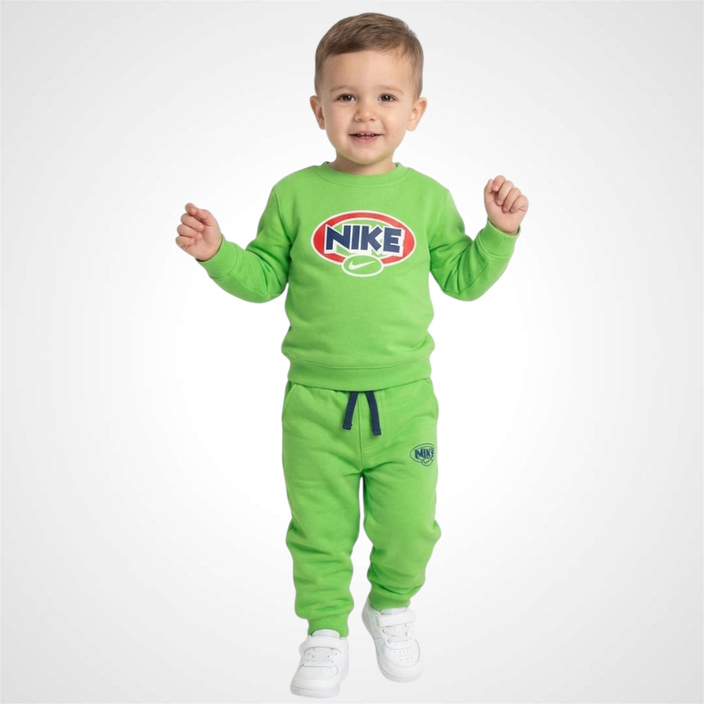 nike-kids-lime-green-tracksuit-set.jpg Alt Text: Nike kids lime green crewneck sweatshirt and jogger pants set with retro oval logo 1