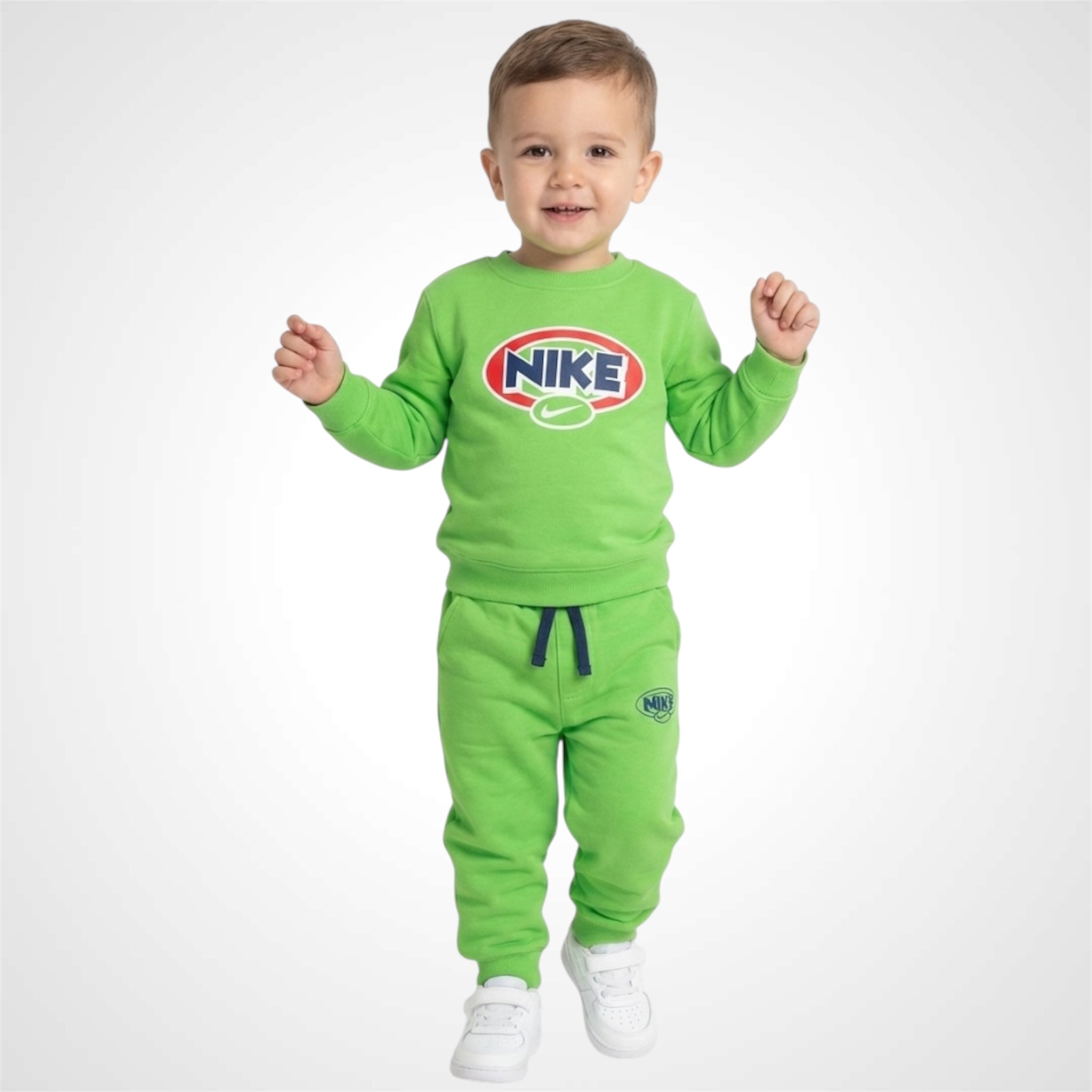 nike-kids-lime-green-tracksuit-set.jpg Alt Text: Nike kids lime green crewneck sweatshirt and jogger pants set with retro oval logo 1