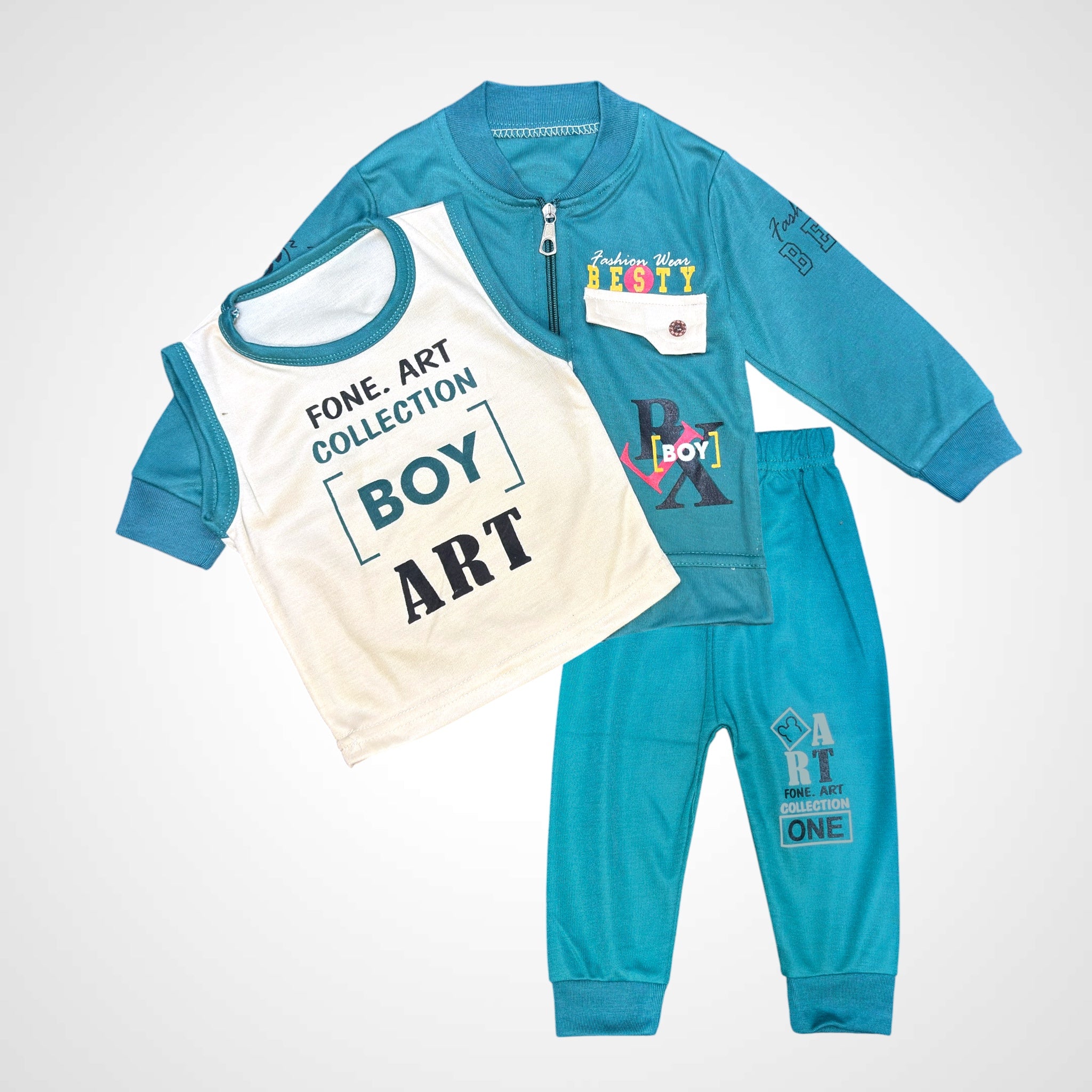 Stylish Teal Blue Casual Wear 3PC Outfit for Boys