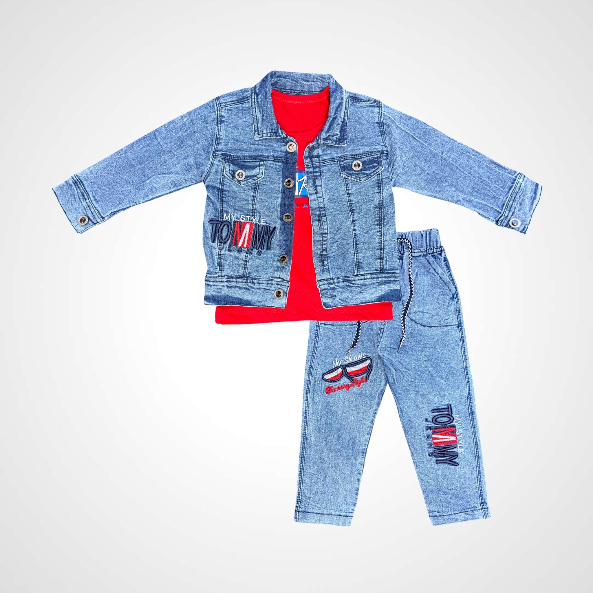 Boys' Trendy 3-Piece Denim Look Outfit: Jacket, T-Shirt, and Joggers