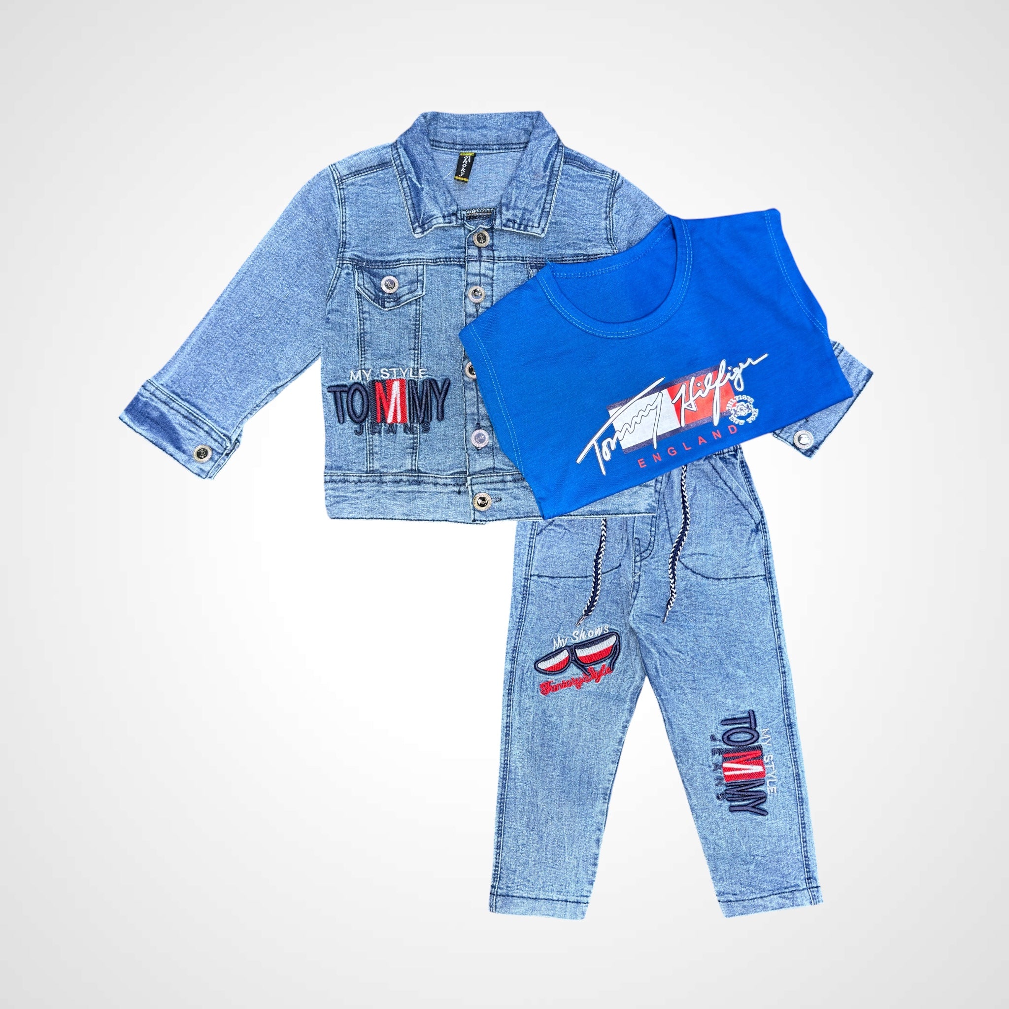 Boys' Trendy 3-Piece Denim Look Outfit: Jacket, T-Shirt, and Joggers
