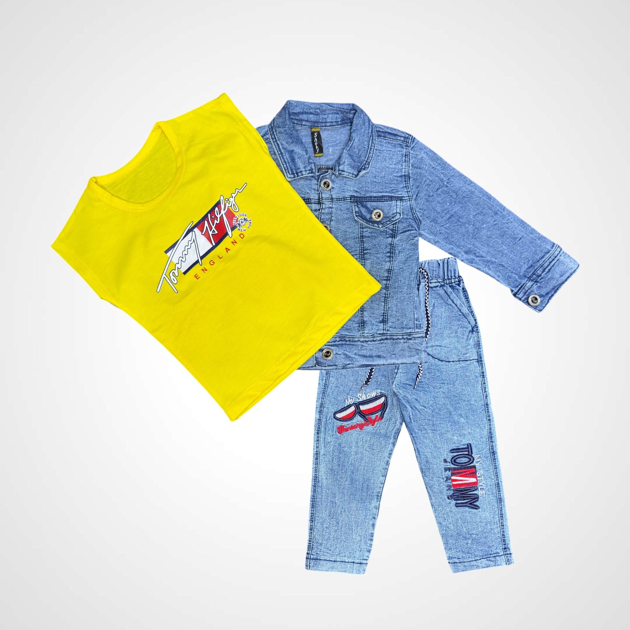 Boys' Trendy 3-Piece Denim Look Outfit: Jacket, T-Shirt, and Joggers