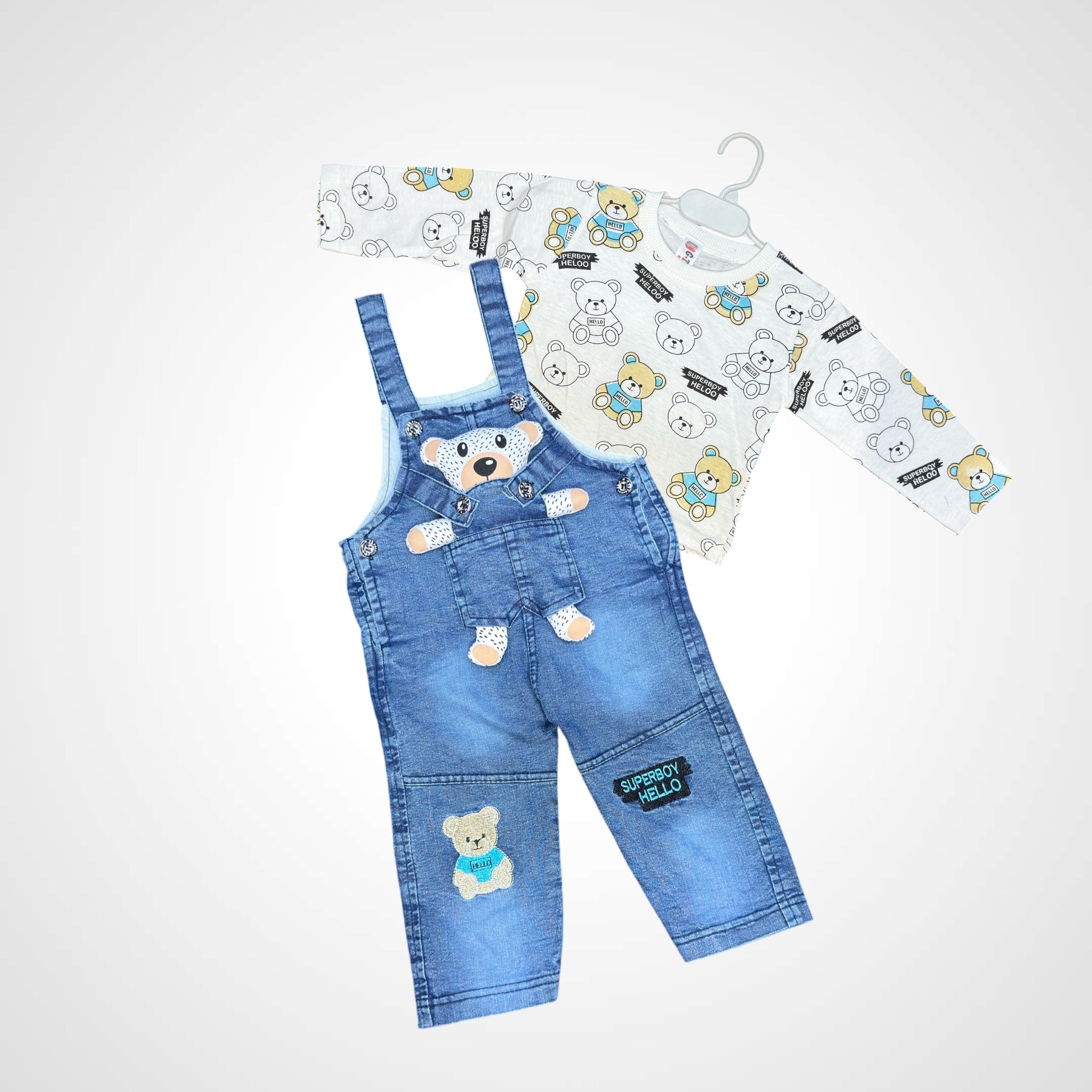 Toddler Bear Patch Denim-Look Overalls & All-Over Print Shirt Set (2-Piece)
