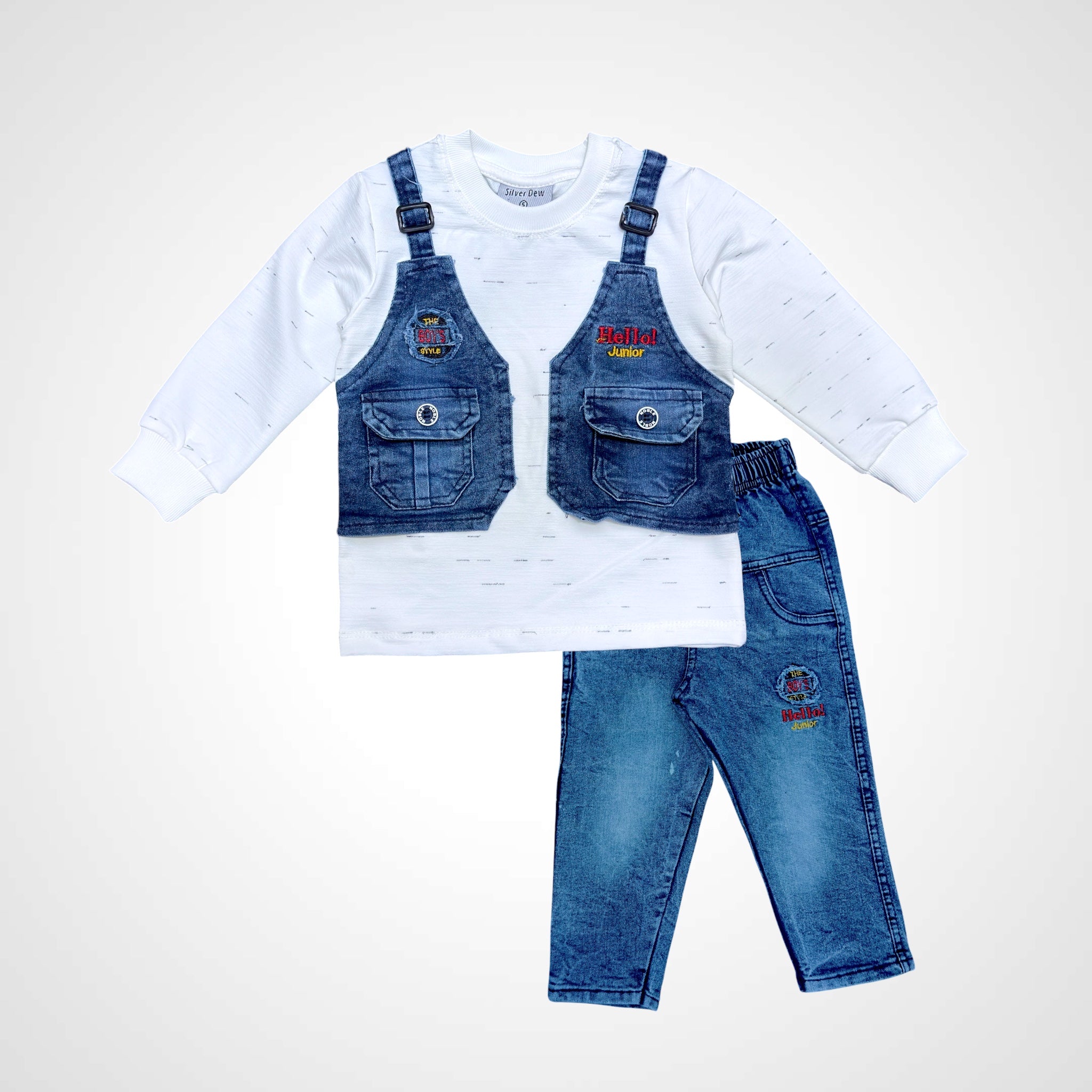 Boys' Unique 3-Piece Look: Long-Sleeve Shirt with Built-In Denim Vest