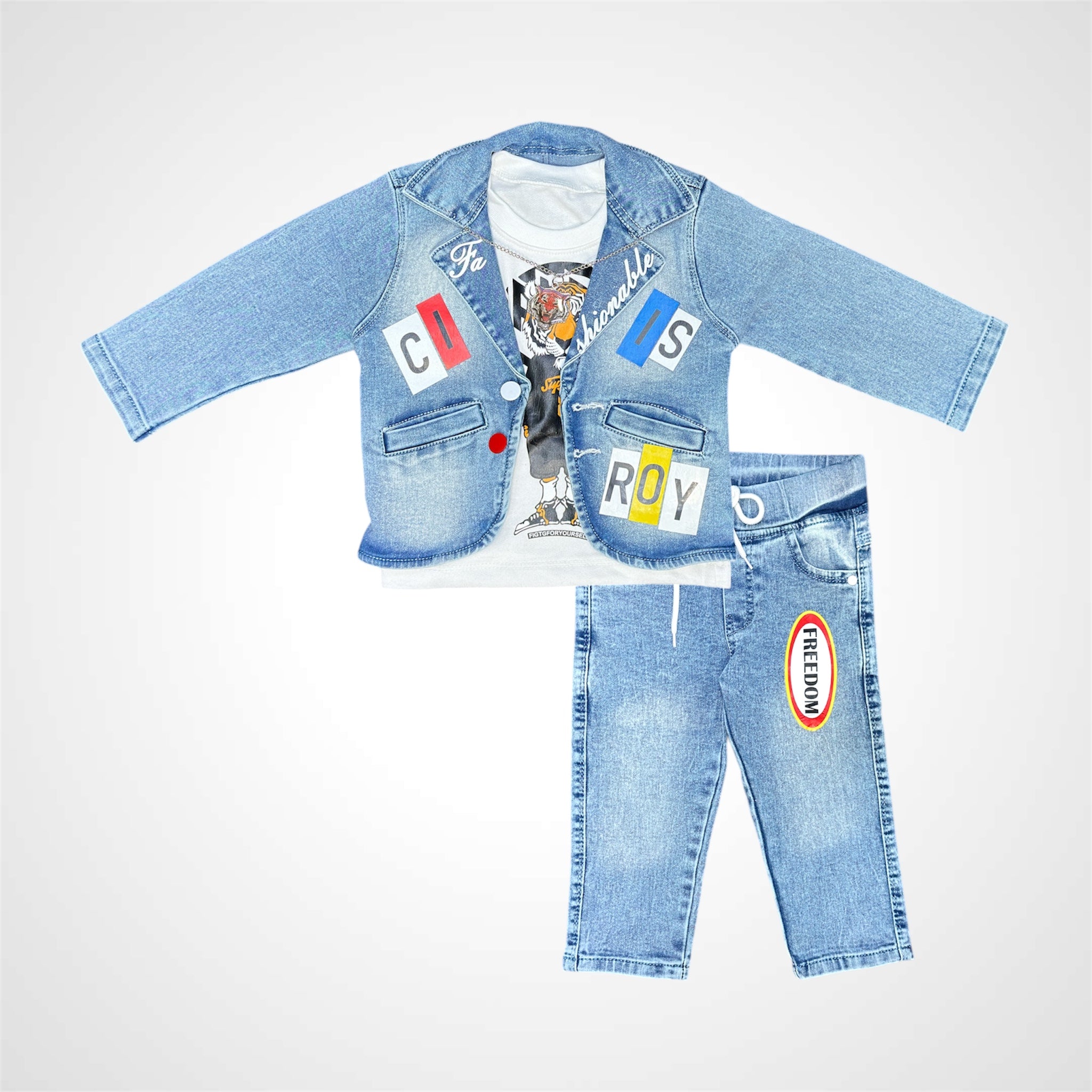 3-Piece Kids' Street Style Patch Jacket & Trousers Outfit