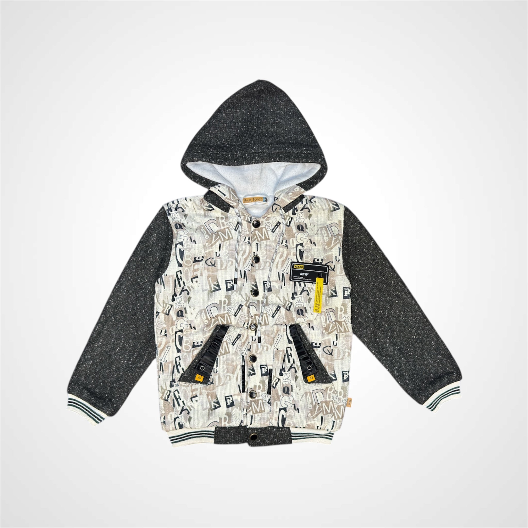 Kids' Urban Letter Themed Hooded Varsity Jacket - Speckle Sleeves