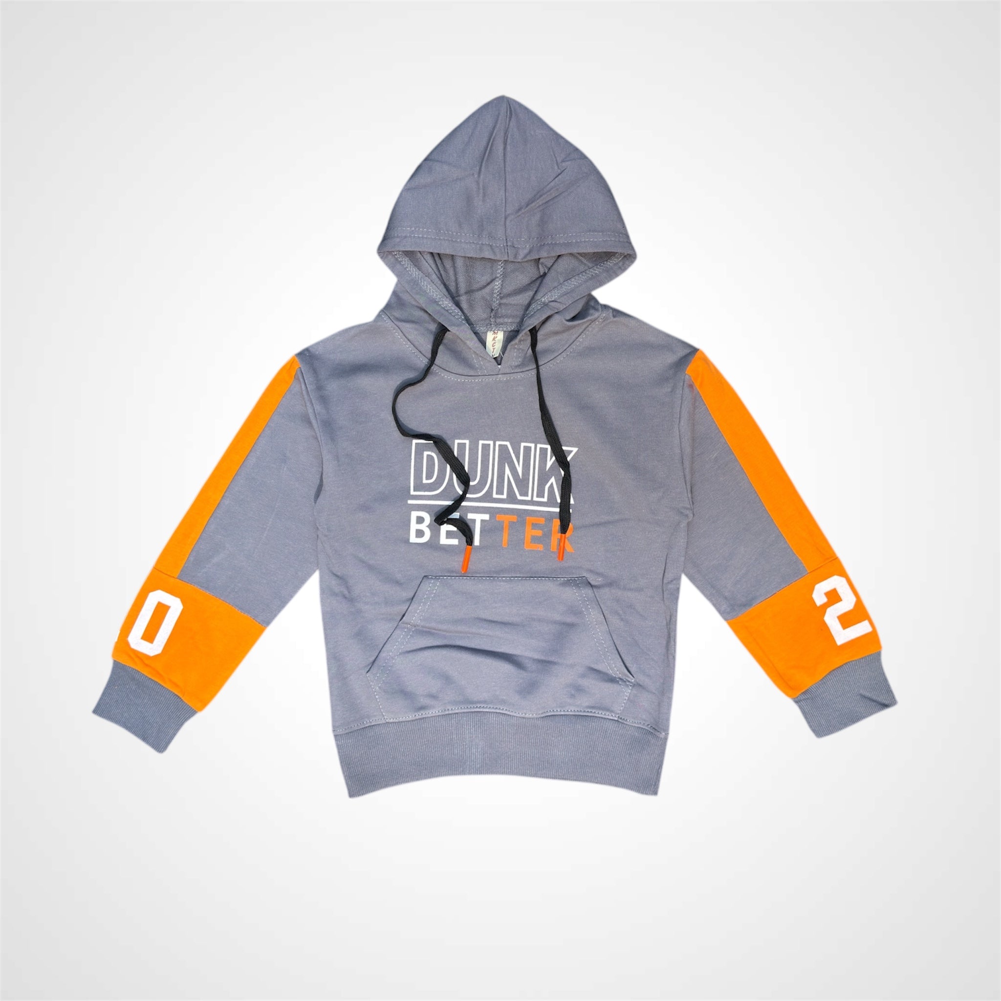 Sporty Grey & Orange Contrast Sleeve Hoodie for Kids