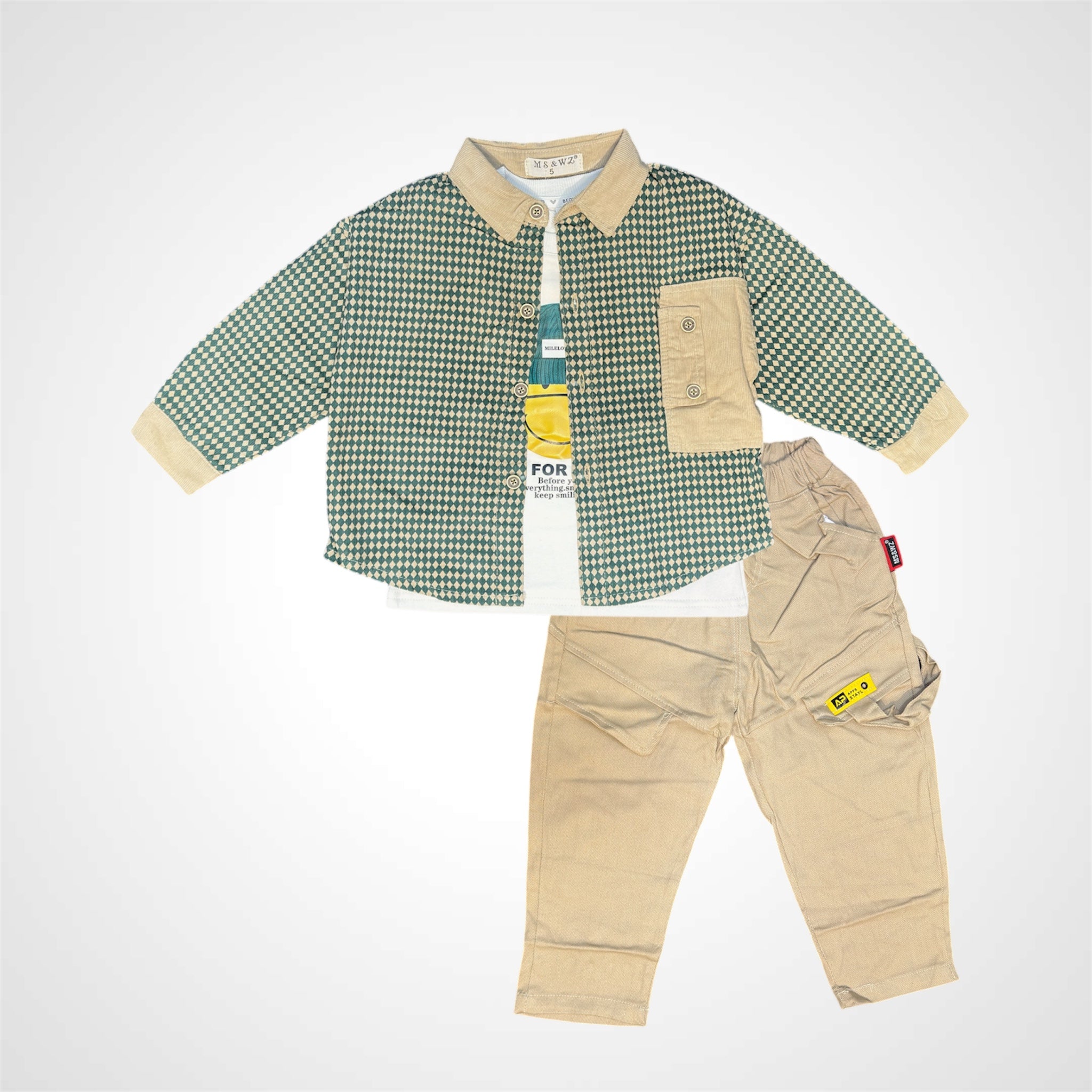 Chic Boys' 3-Piece Set - Geometric Patterned Shirt/Jacket, T-Shirt & Plain Trousers - Imported Terry