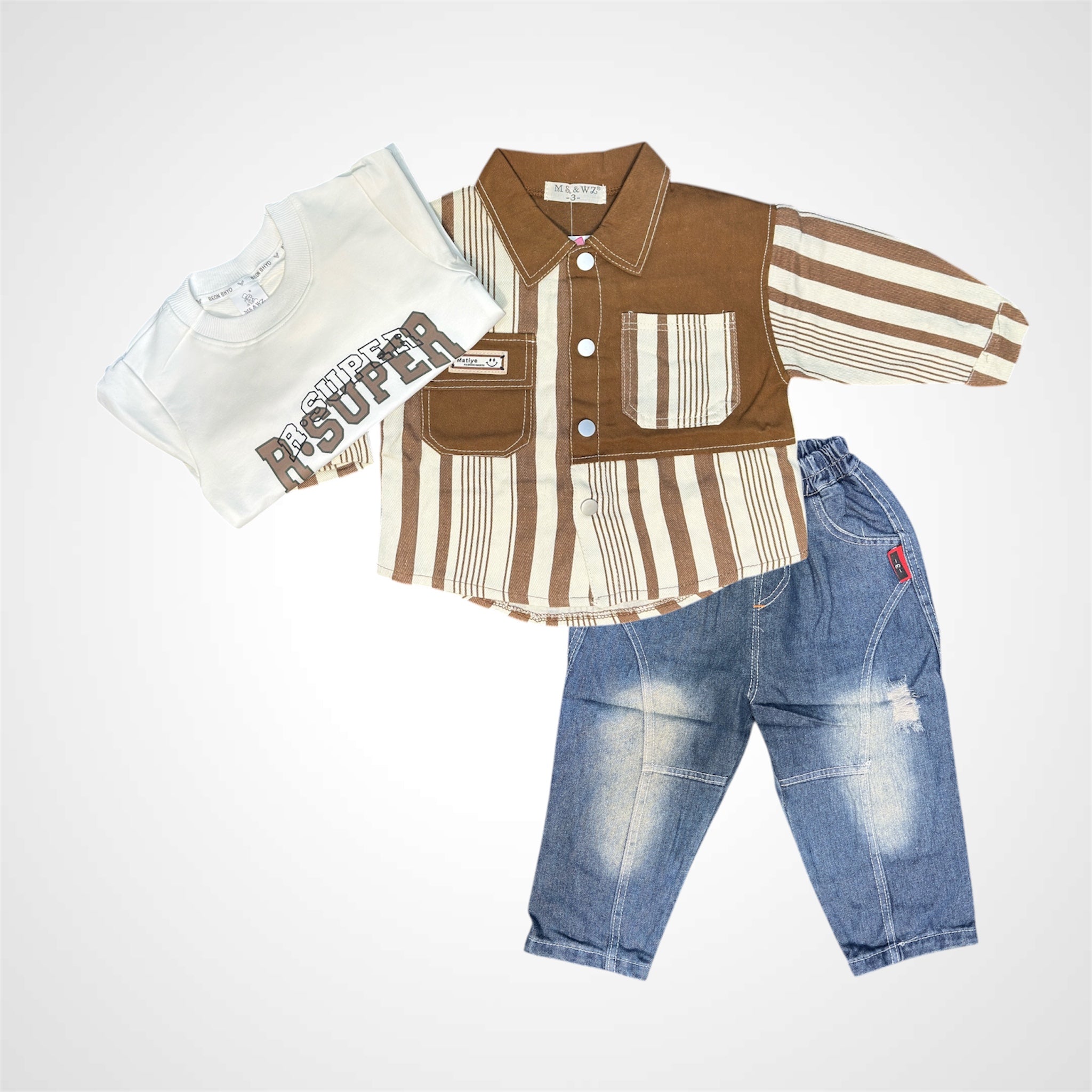 Stylish Boys' 3-Piece Gentleman Set - Striped Shirt/Jacket, T-Shirt & Distressed Denim - Imported Terry