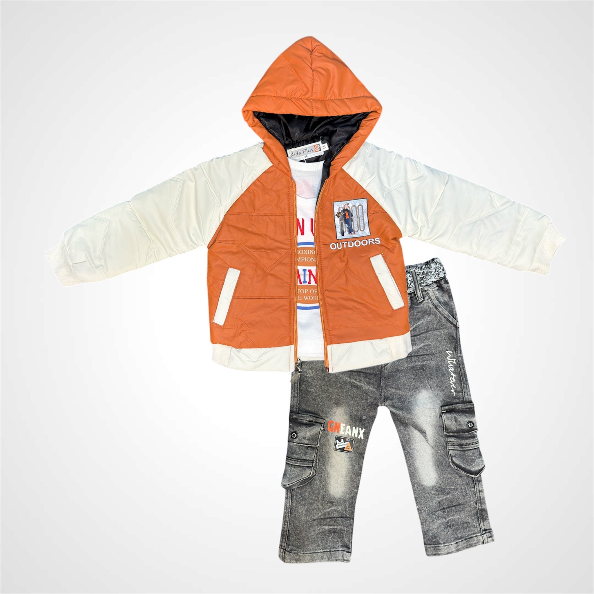 Boys' Trendy Outdoor 3-Piece Set - Hooded Padded Jacket, T-Shirt & Cargo Denim - Imported Staff