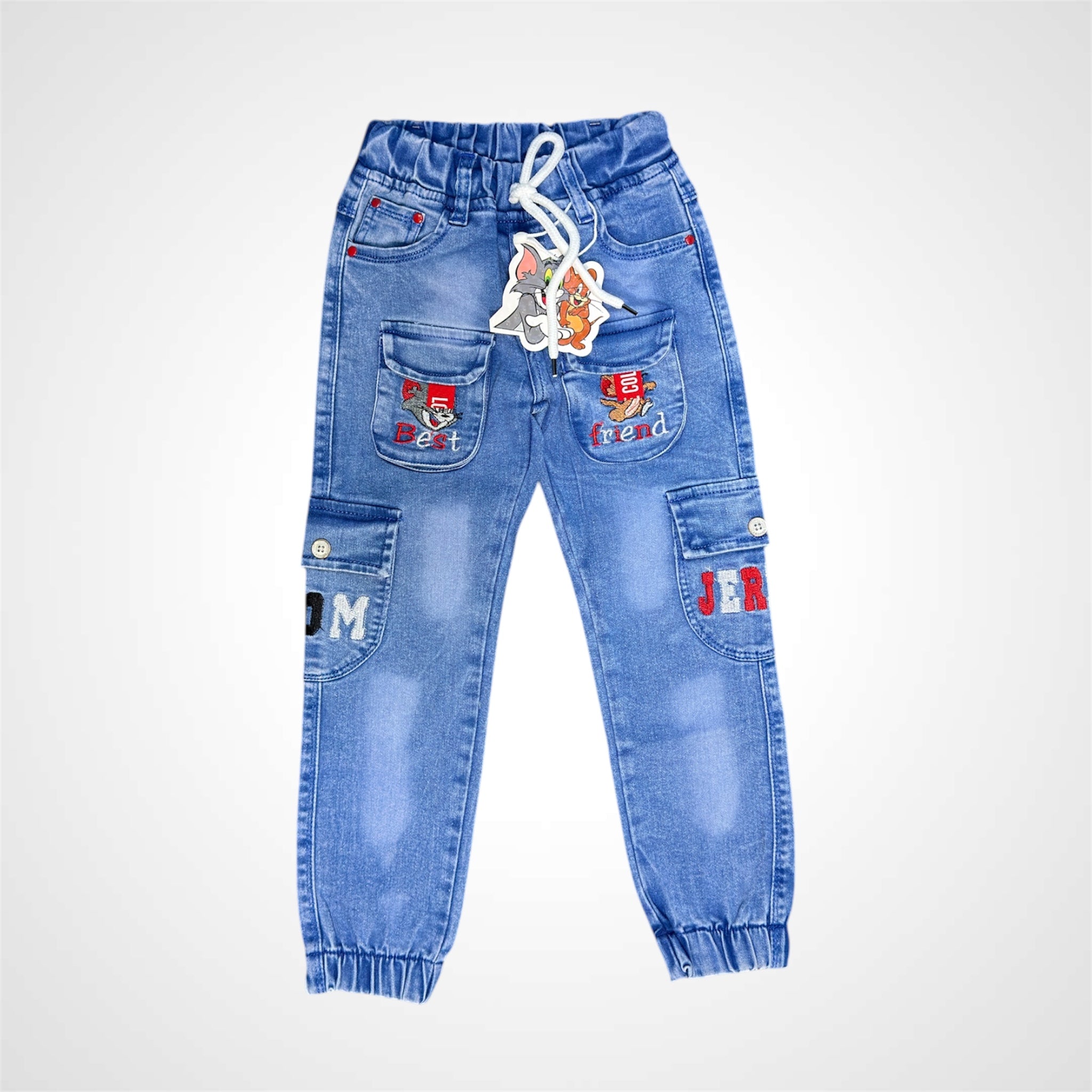 Kids' Fun Cartoon Character Embroidered Cargo Denim Jeans - Elastic Waist & Soft Finish