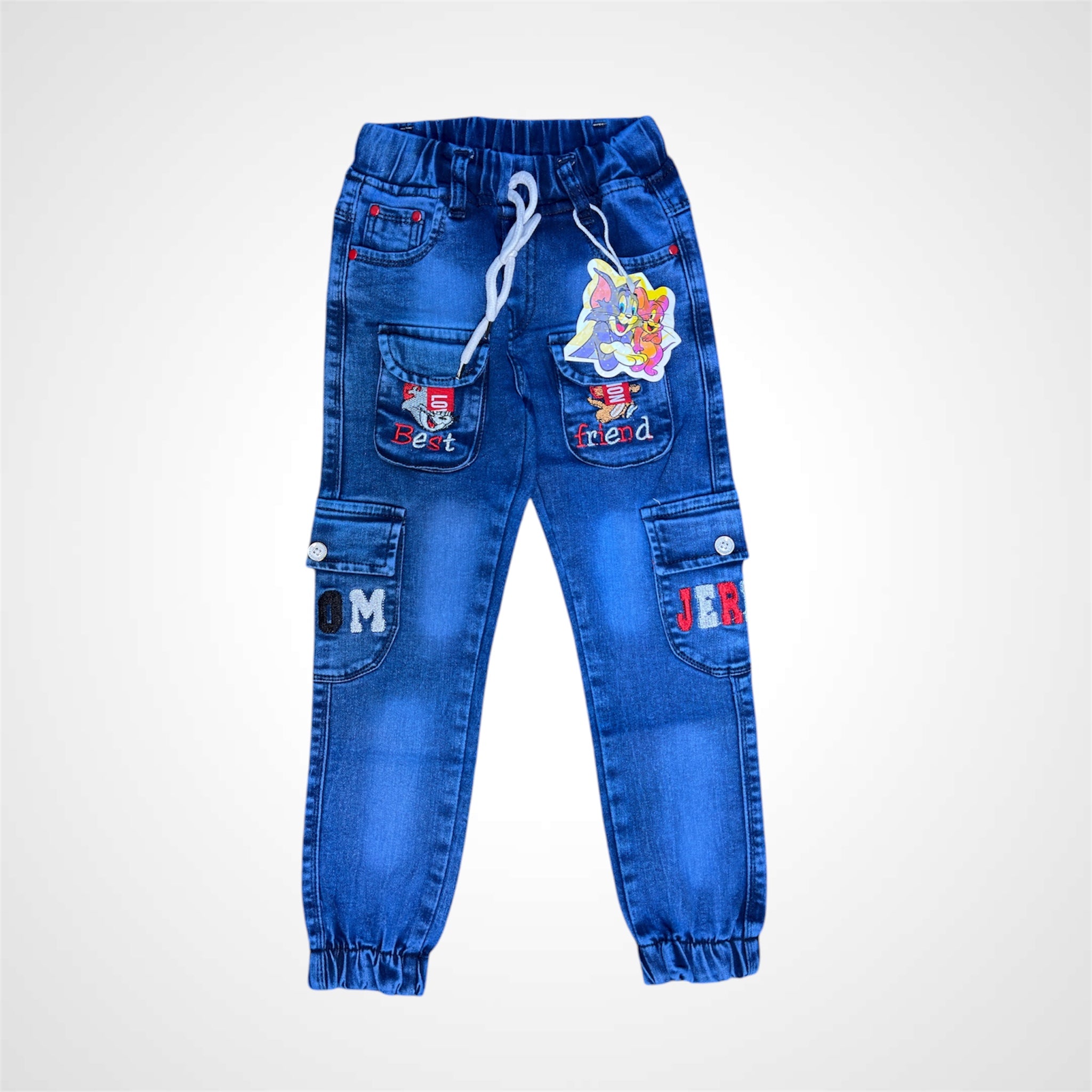 Kids' Fun Cartoon Character Embroidered Cargo Denim Jeans - Elastic Waist & Soft Finish