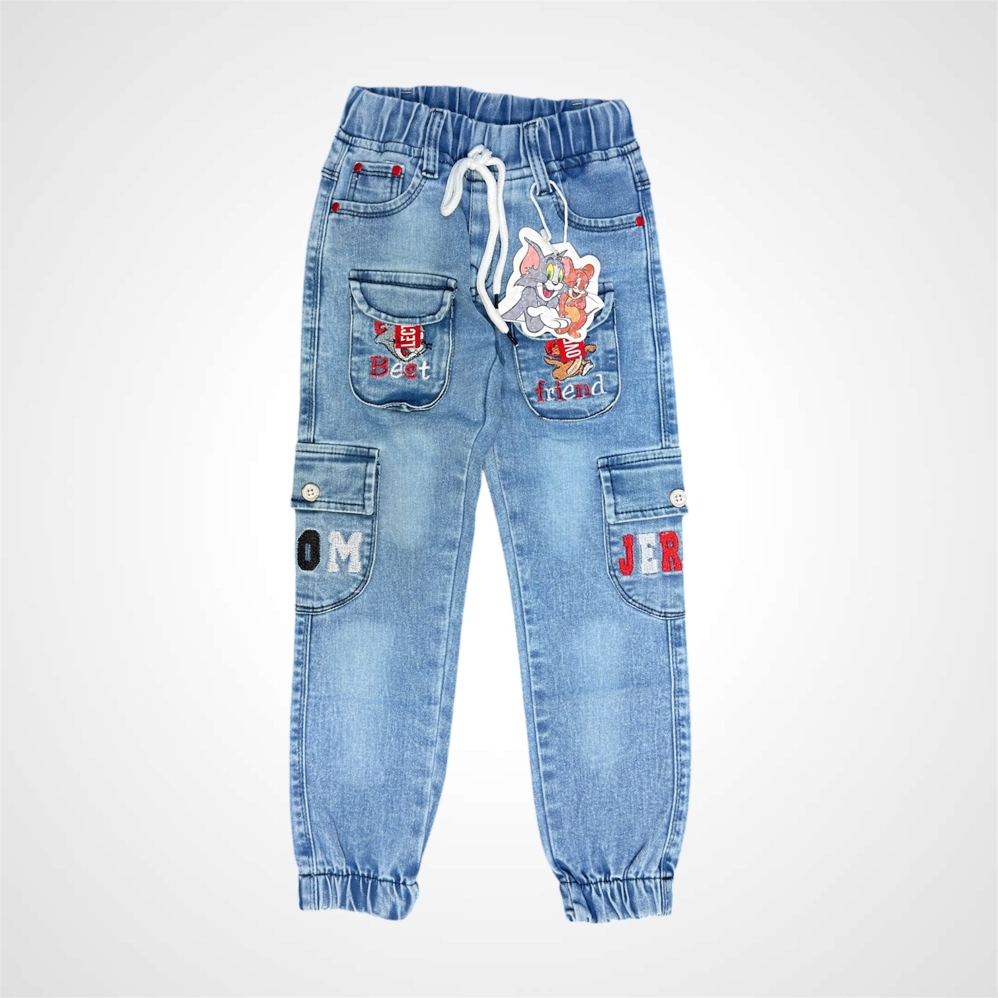 Kids' Fun Cartoon Character Embroidered Cargo Denim Jeans - Elastic Waist & Soft Finish