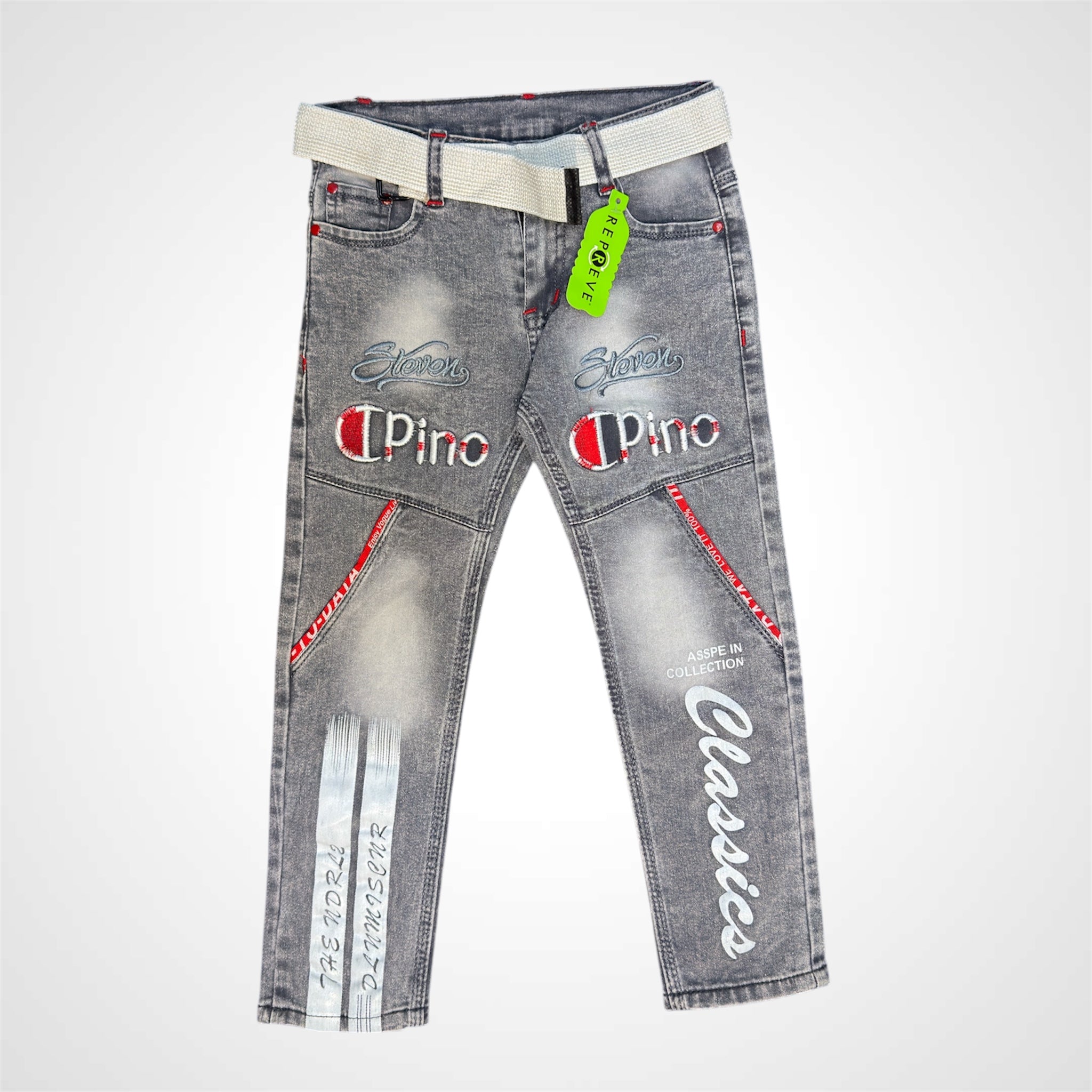 Boys' Designer Embroidered Wash-Effect Denim Jeans with Contrast Belt - Premium Casual Wear