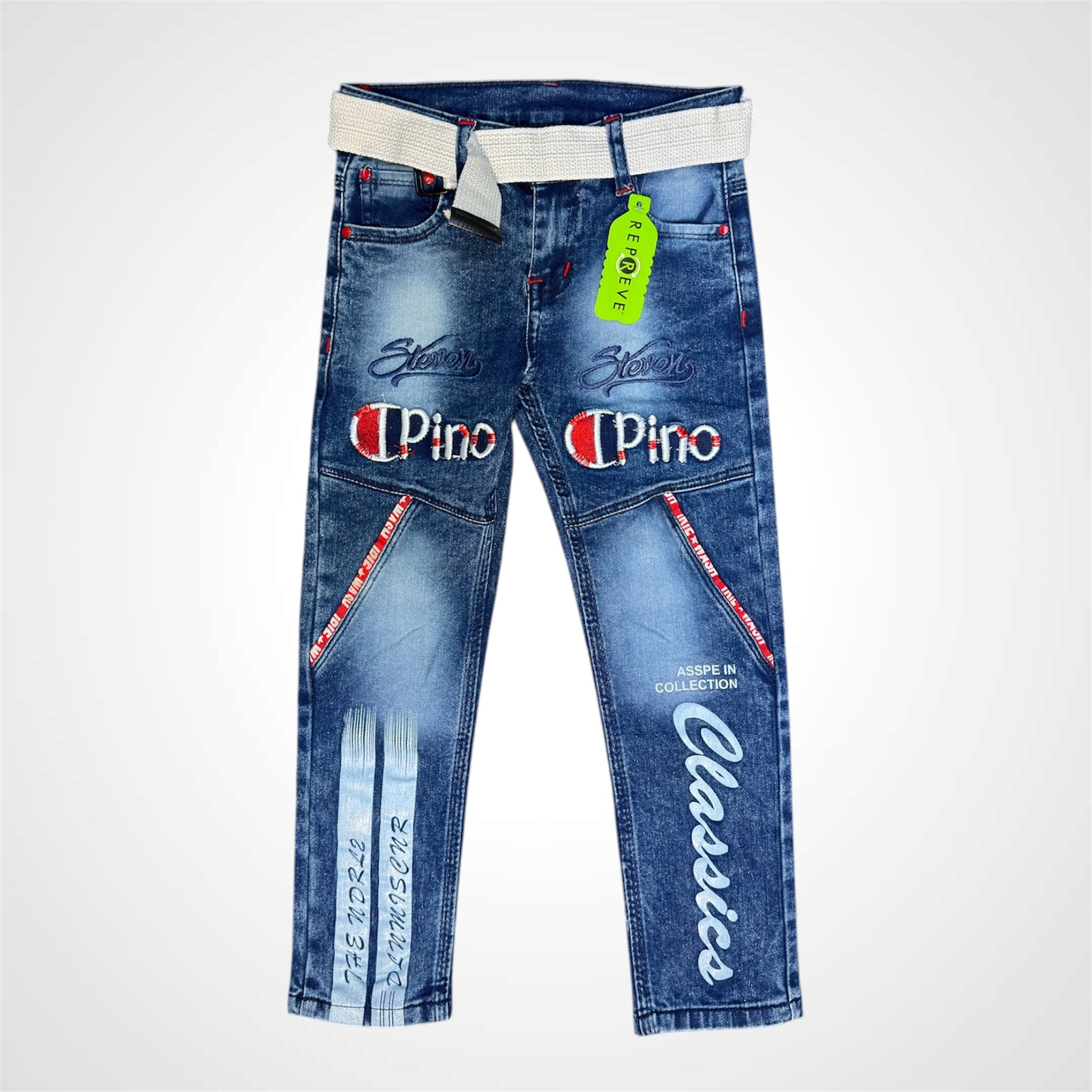 Boys' Designer Embroidered Wash-Effect Denim Jeans with Contrast Belt - Premium Casual Wear