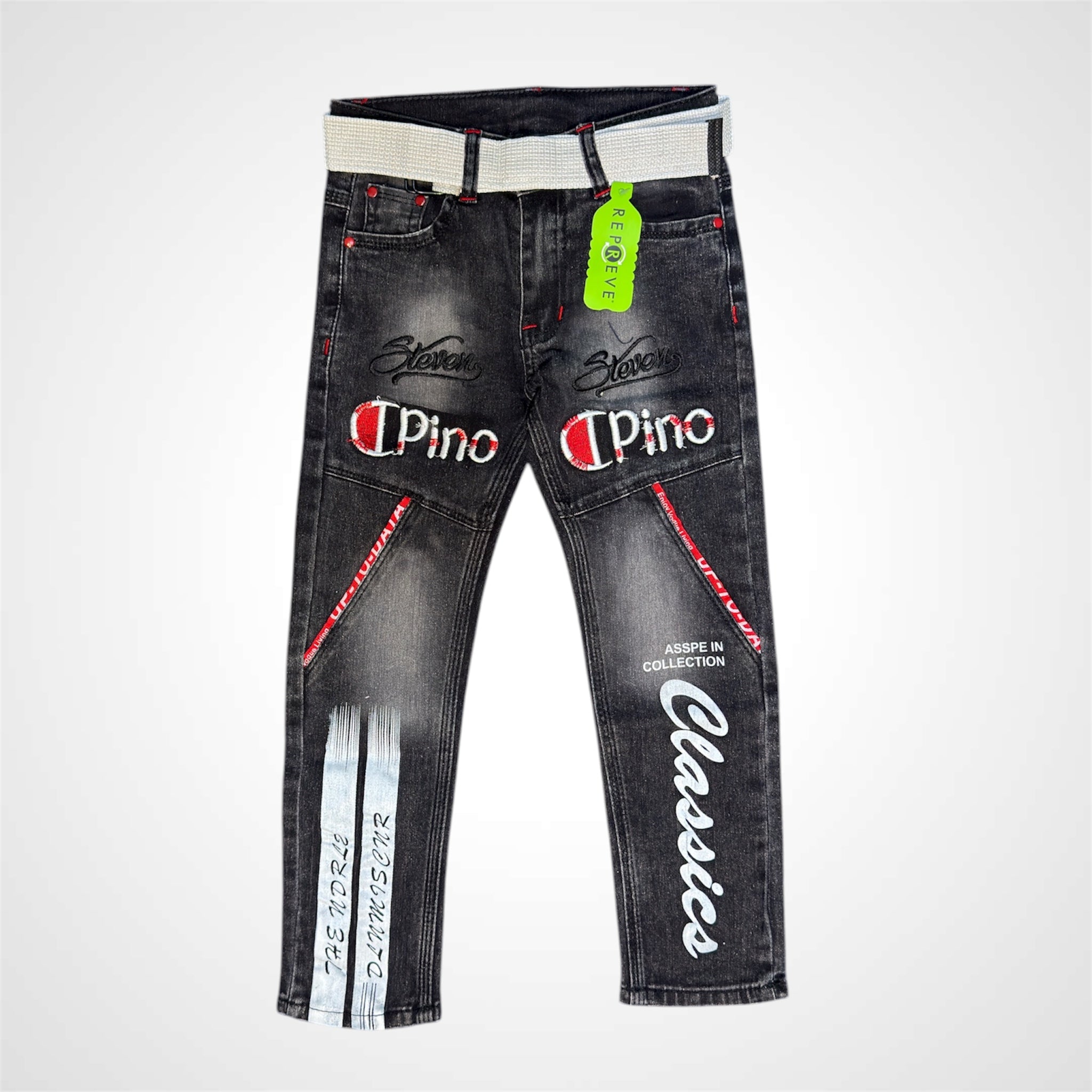 Boys' Designer Embroidered Wash-Effect Denim Jeans with Contrast Belt - Premium Casual Wear