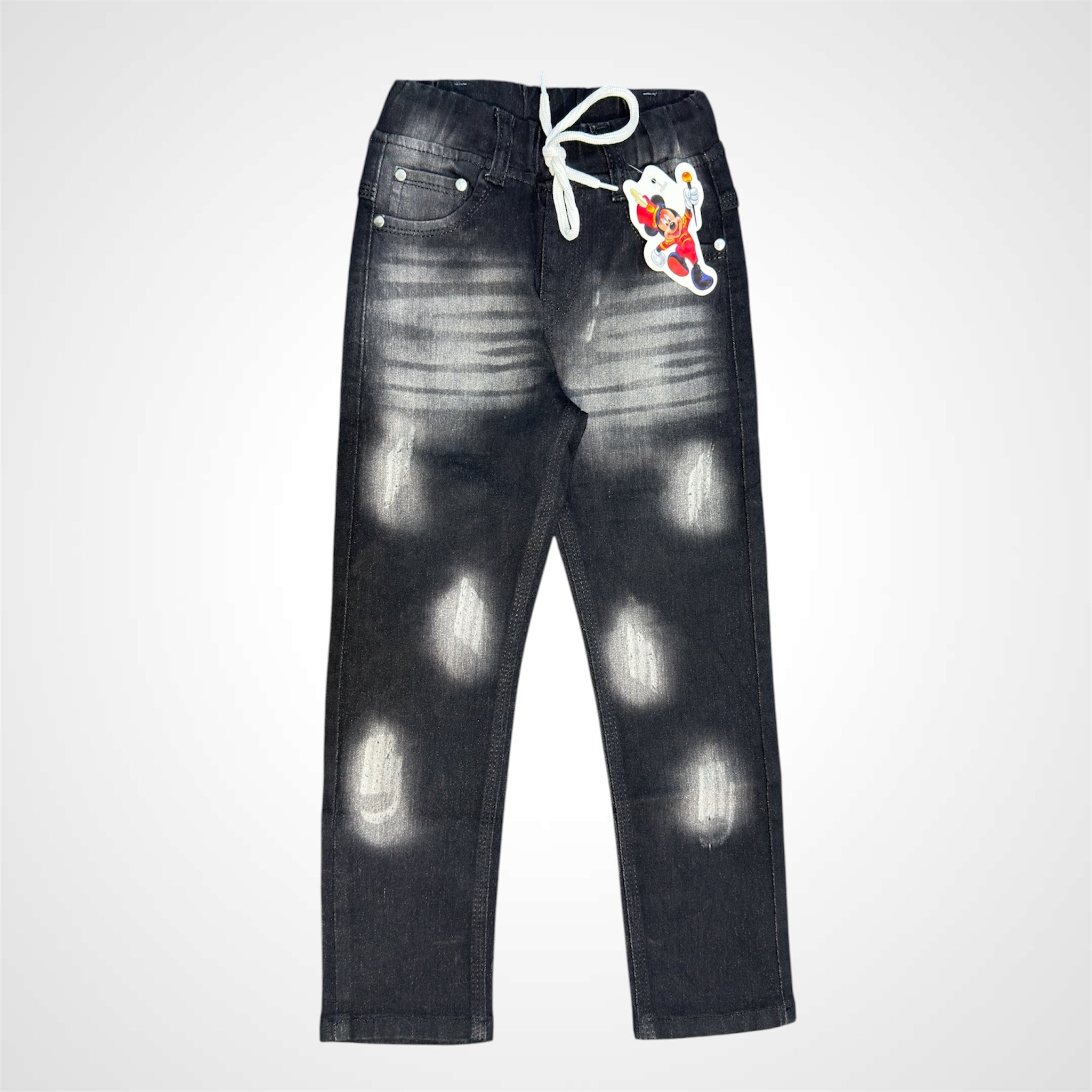 Kids' Trendy Wash-Effect Denim Jeans - Distressed Style with Elastic Drawstring Waist