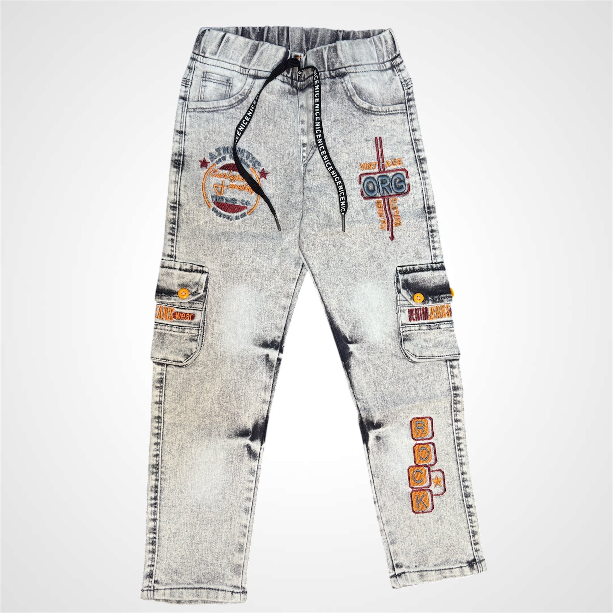 Boys' Trendy Rock-Style Cargo Denim Jeans - Vintage Wash, Patchwork & Elastic Waist
