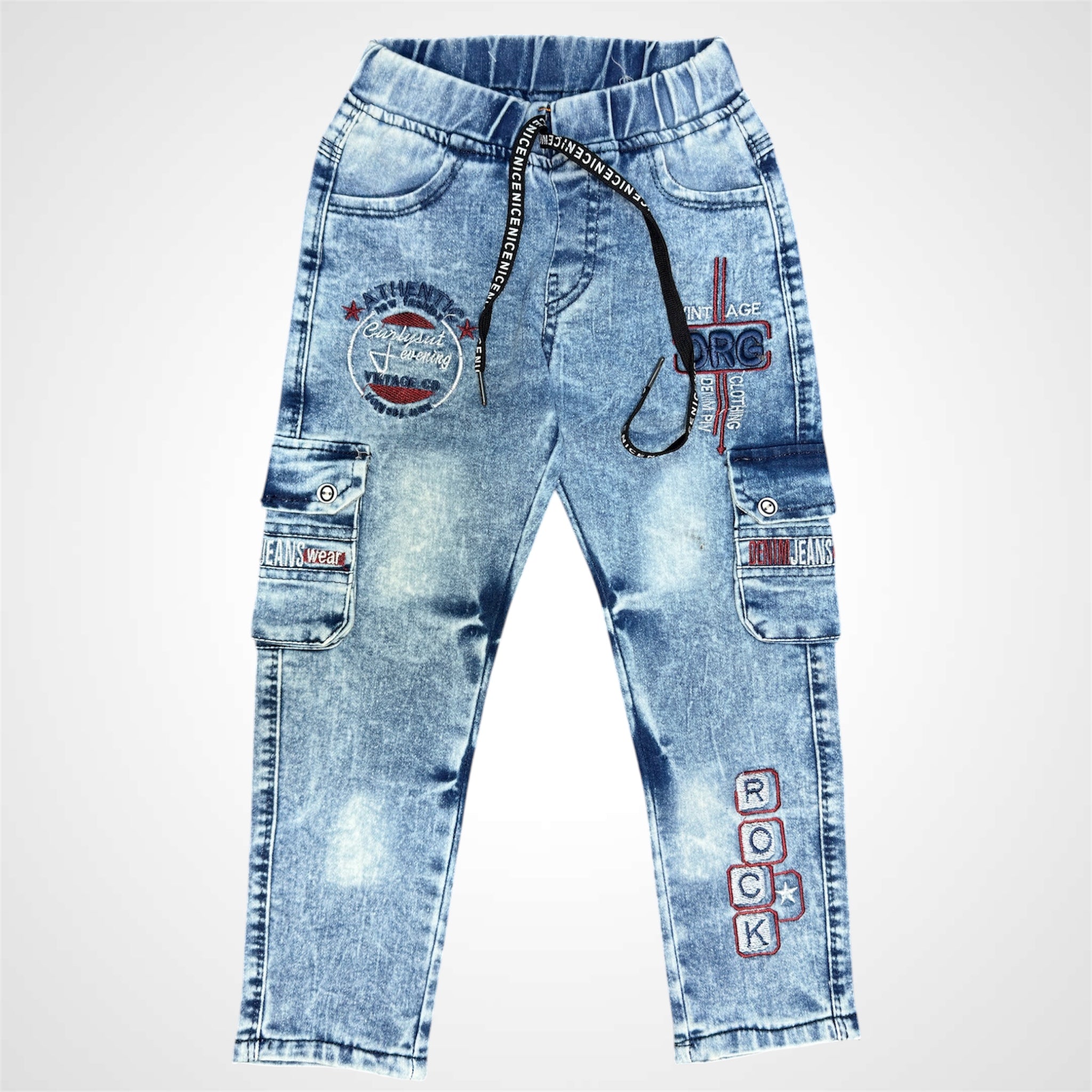Boys' Trendy Rock-Style Cargo Denim Jeans - Vintage Wash, Patchwork & Elastic Waist